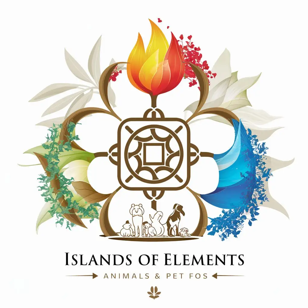 a logo design,with the text "Islands of elements", main symbol:fire, water, wind, land, flora,complex,be used in Animals Pets industry,clear background