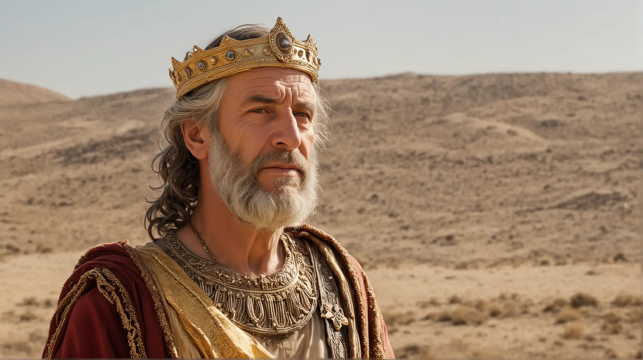 A close up of a 70 year old handsome Biblical King David standing on a desert hilly field and a white sunny sky,   Set during the Biblical Era of King David.