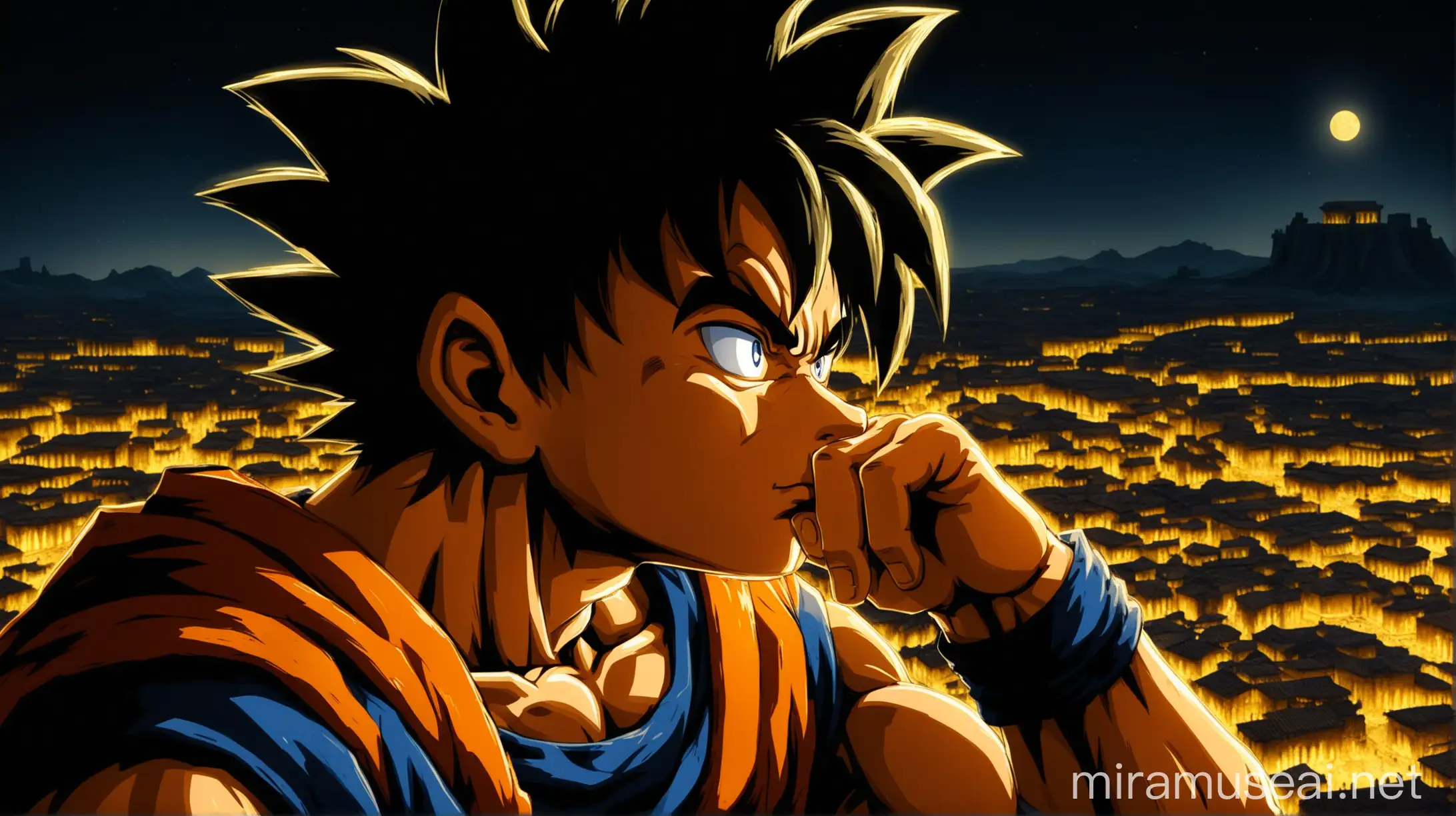 goku with ultra detailed face with a lot of shadows with his hand on his chin thinking, night roman empire in the background with yellowy lights