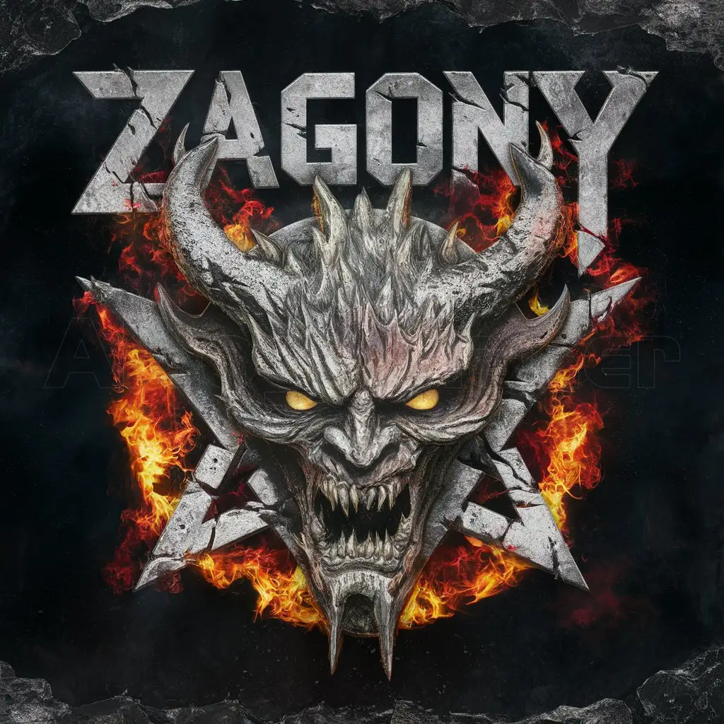 a logo design,with the text 'Zagony', main symbol:brutal black metal logo, damaged, black background, intricate, complex,Moderate,clear background,Moderate,hell, flame background