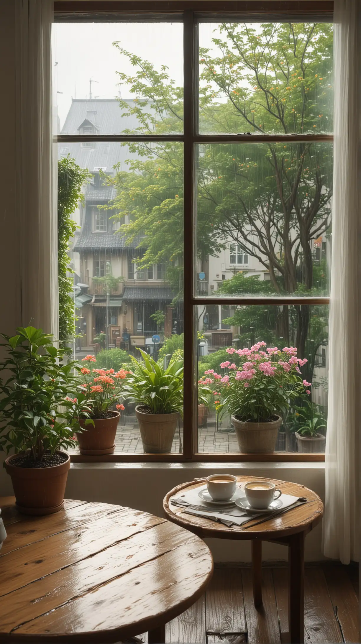inside the house, warm coffee cups  on round wood table located by opened window and potted beautiful plants and flower view outside of english old town neighbourhood, tree in spring time, vibrant hard Raining day, ghibli studio, romantic vibes, makoto shinkai, ultra detailed, best illustration, close up view and up angle