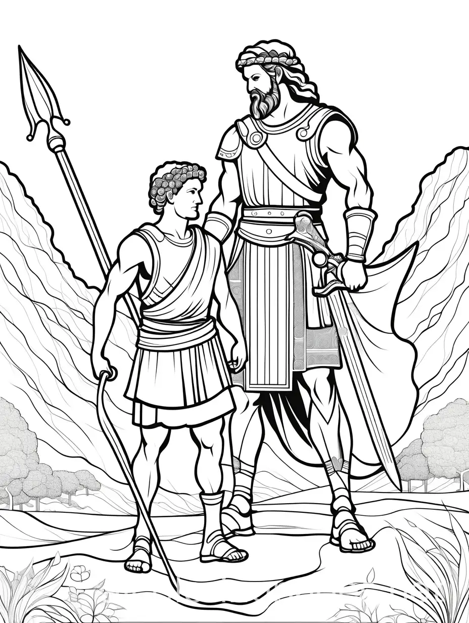 David and Goliath., Coloring Page, black and white, line art, white background, Simplicity, Ample White Space.