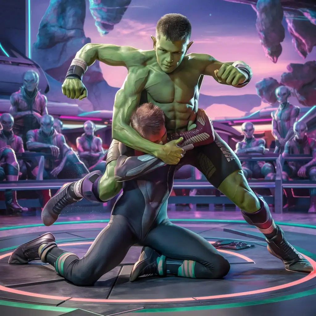 muscular teen shirtless Green Alien Boy wrestling and punching VS alien teen Boy location is another planet arena grabbing his body and laying on top struggling