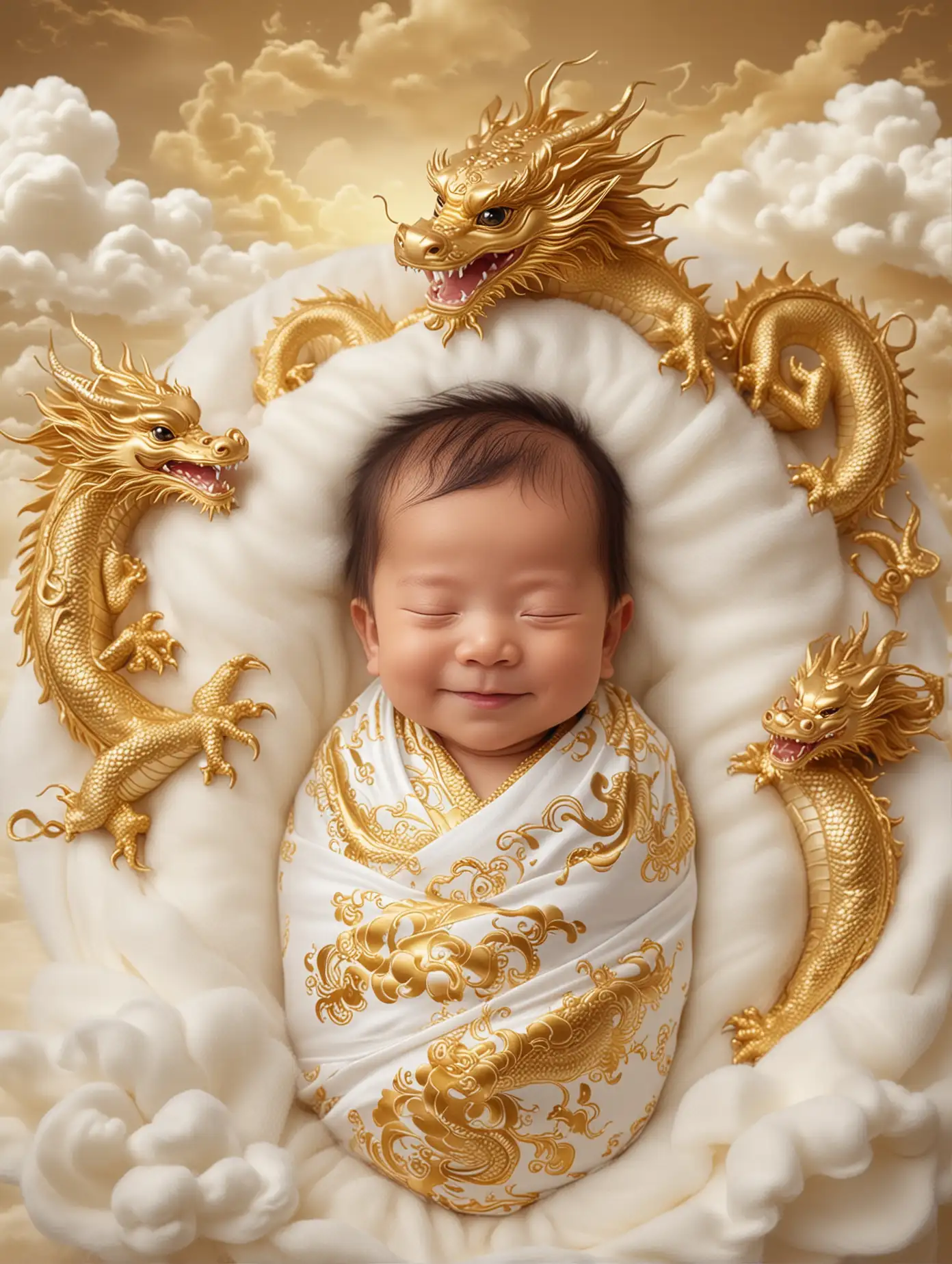 chinese dragon wrapped newborn baby smiling fantasy background oriental clouds and chinese dragon in white and clean gold  closed eyes further away