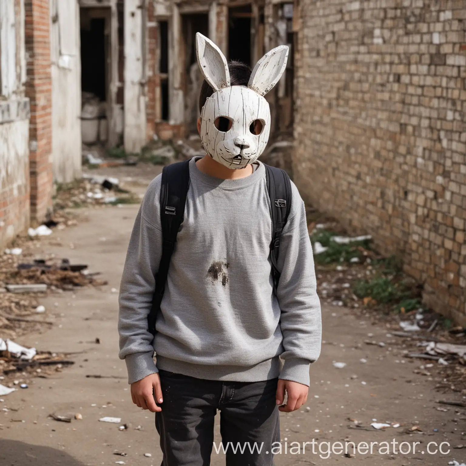 Boy-in-White-Rabbit-Mask-Standing-by-Abandoned-Hospital