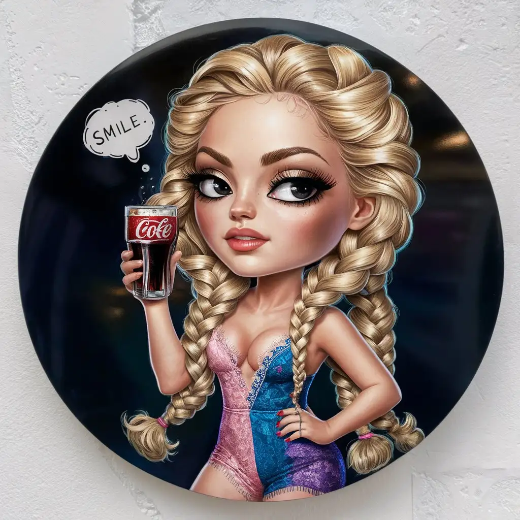 a glossy oil painting chibi manga style white caucasian woman, standing enjoying a glass of coke, with textured cascading long blonde curly goddess braids, flawless neutral makeup with heavy eyeliner and thick long black lashes, wearing pink blue purple silk lace jumpsuit, with the words 'Smile' { spelled correctly} in a bubble above her head