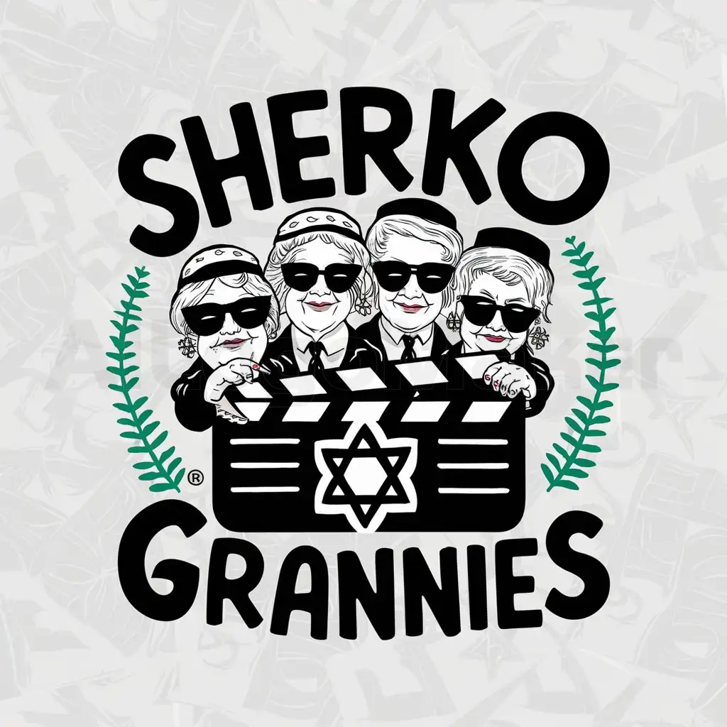 a logo design,with the text "SHERKO GRANNIES", main symbol:a logo design,with the text 'SHERKO GRANNIES', main symbol: 4 different old traditional jewish grannies with headcovers and sunglasses, in film star of David clapper, in paul klee vibe,complex,clear background,complex,clear background