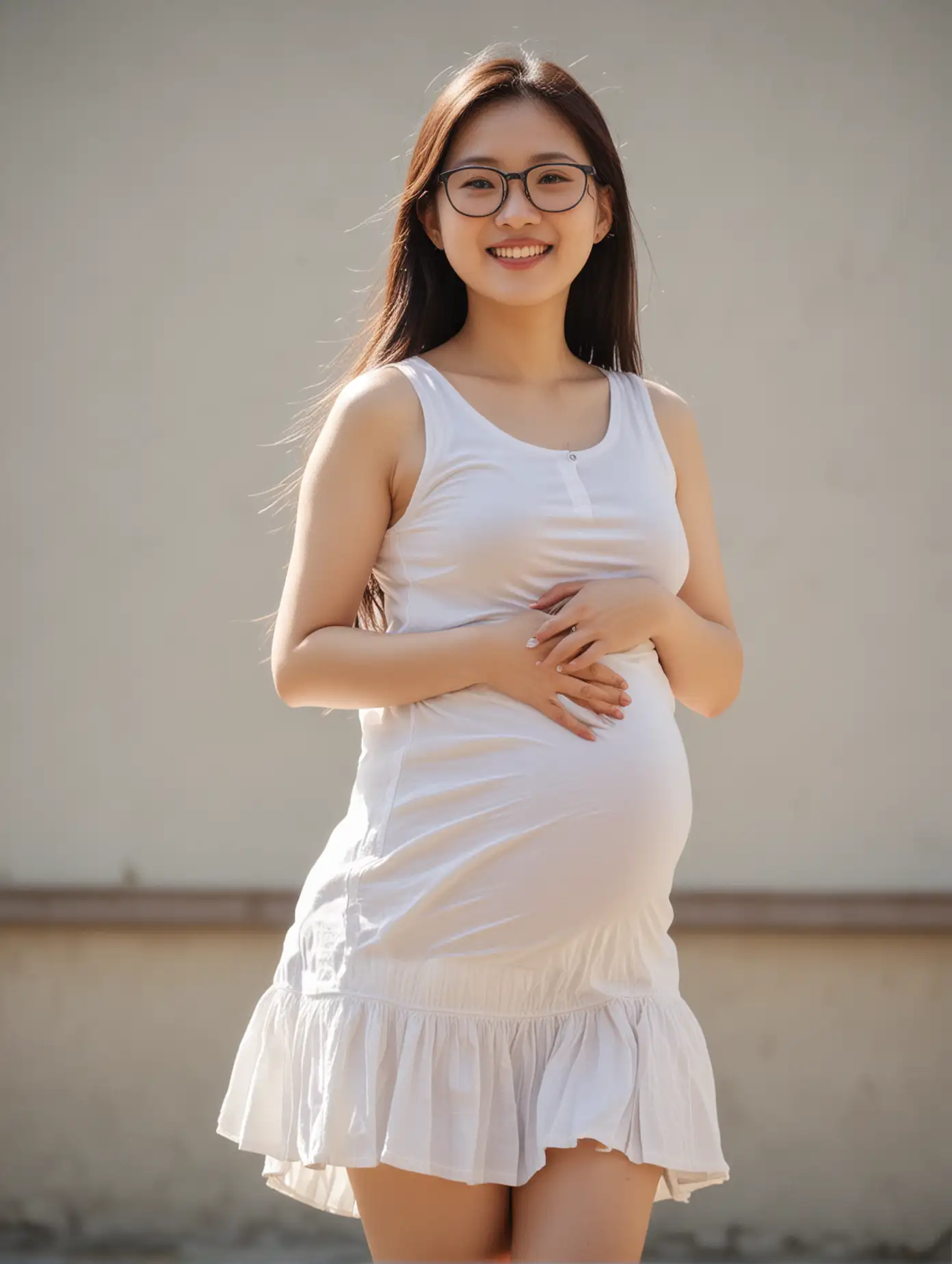 Chinese girl, pregnant, bulged belly, wearing white short skirt, wearing glasses, long hair, sunny smile, side profile