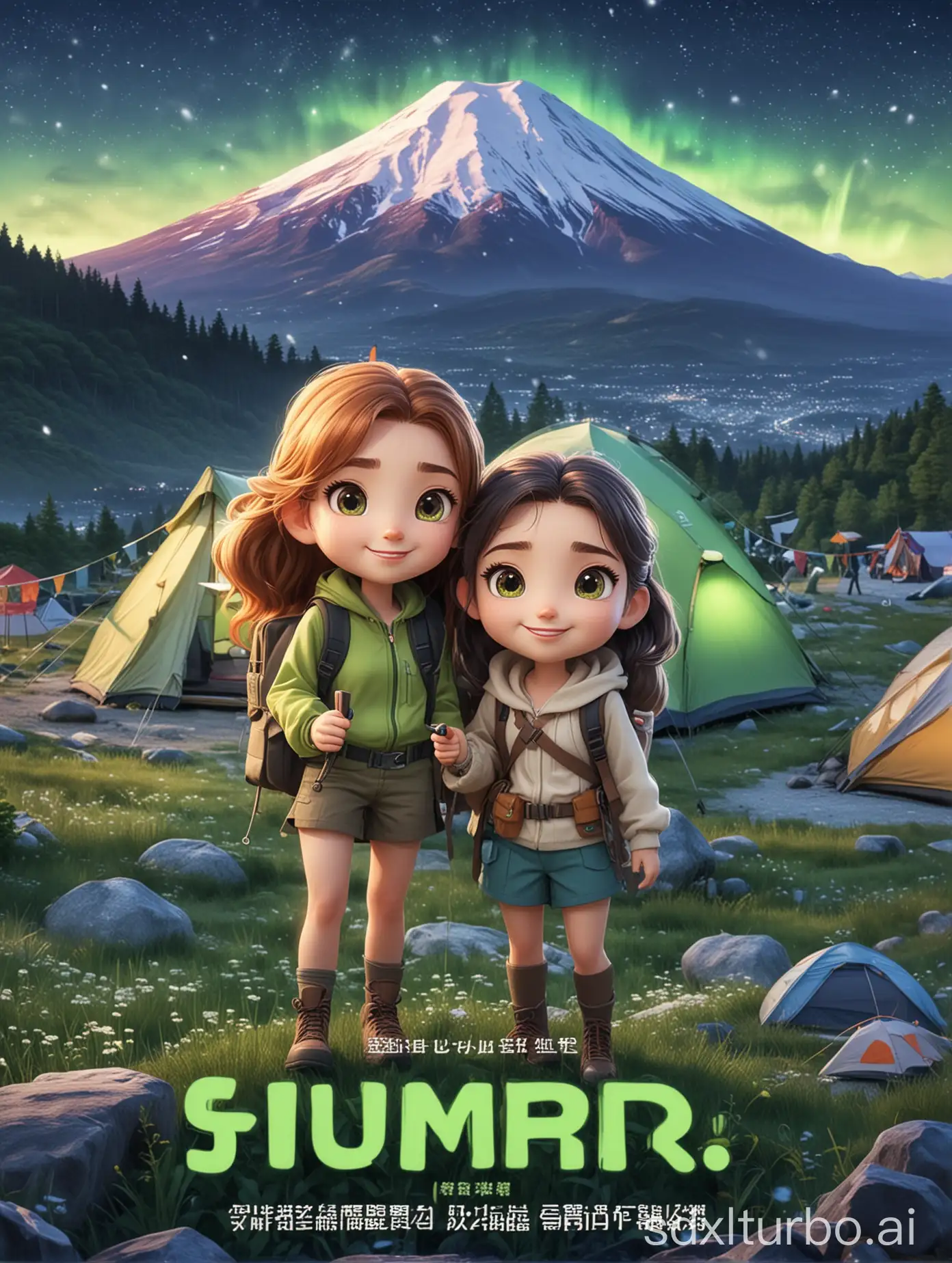 Tourist character poster, eye-catching text title revealed, cute text TAG, two girls' travel poster, master-level design layout, cartoon character photography, Fuji fixed-focus shooting, blurred background, summer, green aurora, night snow mountain, travel tent and night light