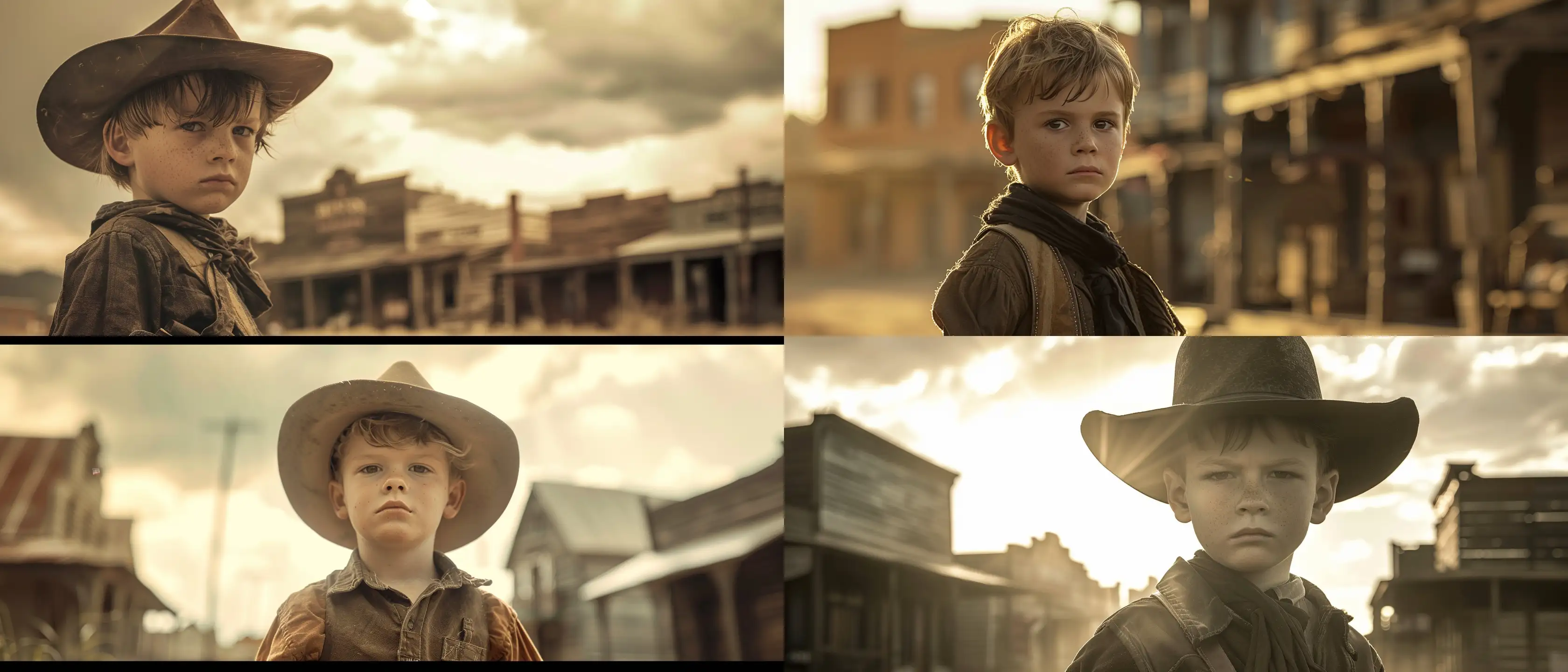 cinematic, portrait photo of a gunslinger - a 6 year old boy, 1880’s western town in the background, Overcast Diffused Sunlight --ar 21:9 --style raw