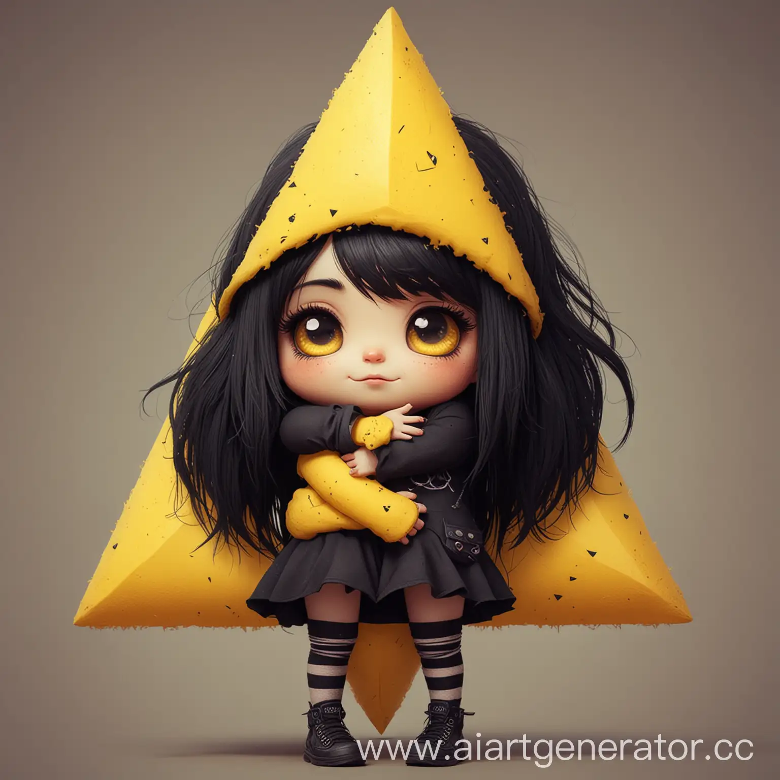 Cute-Monster-Yellow-Triangle-Hugging-Goth-Girl-with-Black-Hair