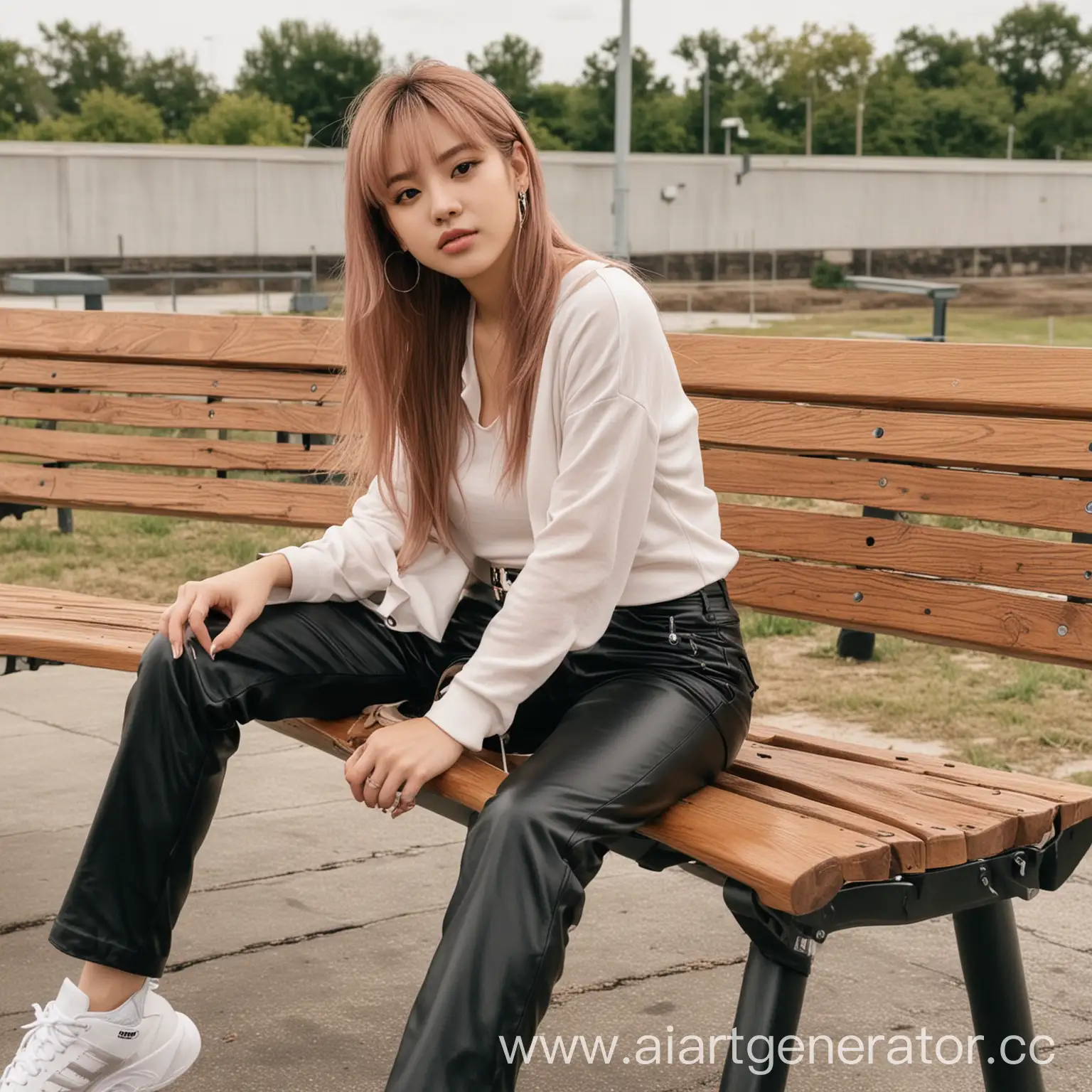 lisa manoban from blackpink in leather pants sits on bench