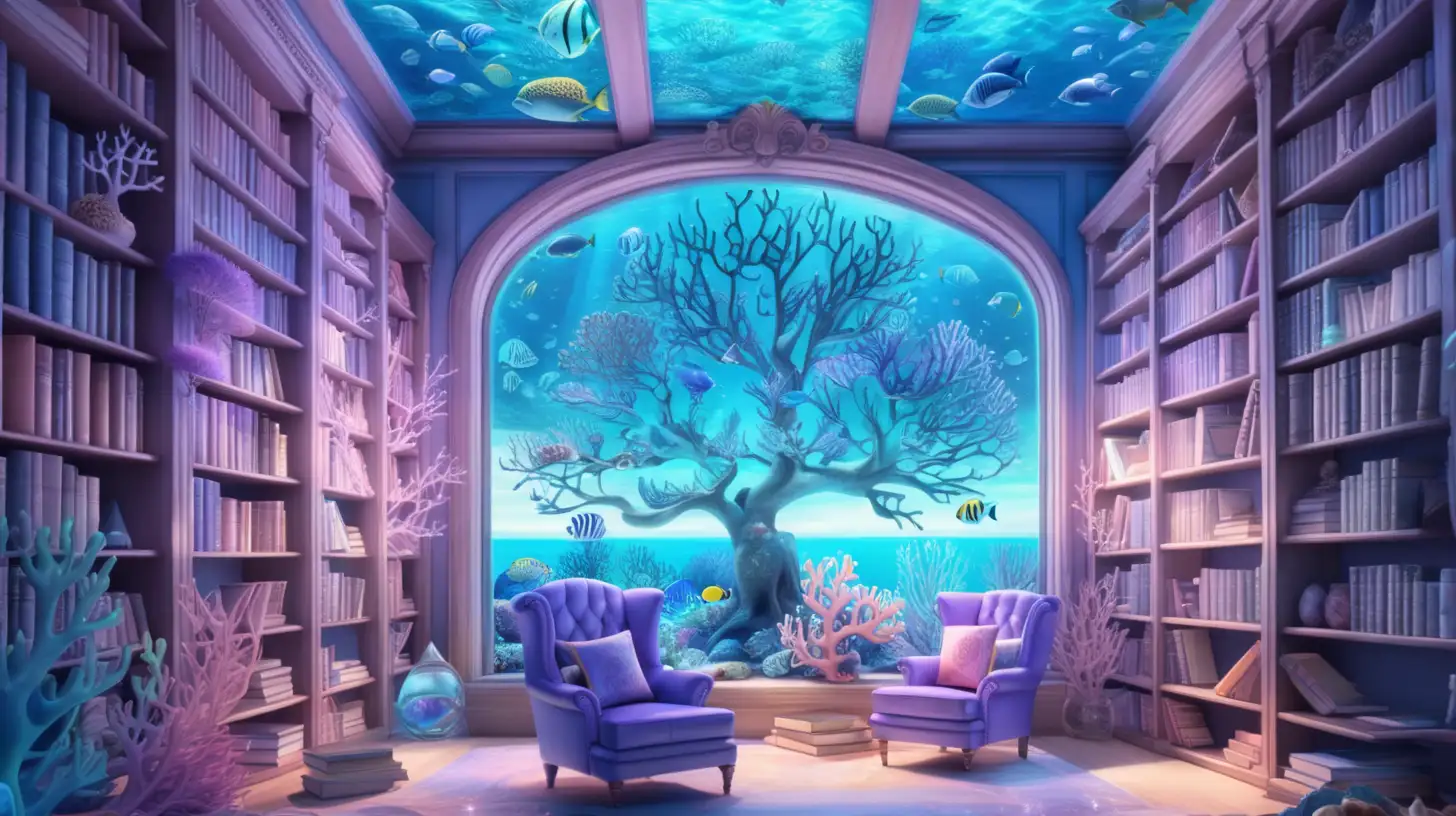 Ocean library with a magical tree glowing-bright blue and pastel purple-sky corals on bookshelves and a window showing a underwater ocean corals
