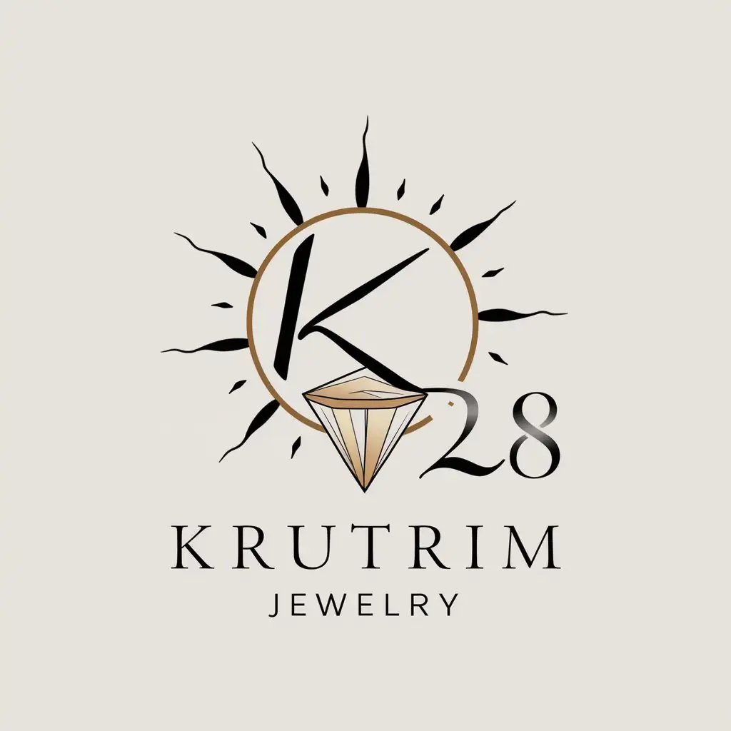 Get me a logo for my e-commerce business named "Krutrim Jewelry" in which i sell artificial jewelries, also use a sun and number "28" in the logo design, also try not to highlight number "28" so much.