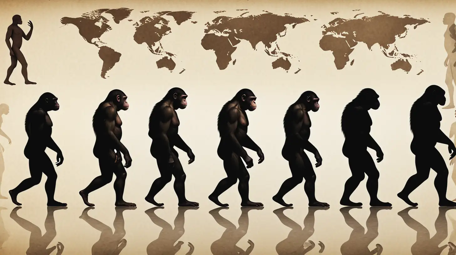 the evolution of humans, starting from an ape-like ancestor and progressing through various stages of upright walking figures to a modern human. The silhouetted figures represent this evolutionary journey, and the background appears to be an old, textured paper with faded images that could symbolize historical events or scenes. It’s a visually impactful representation of the concept of human evolution. 