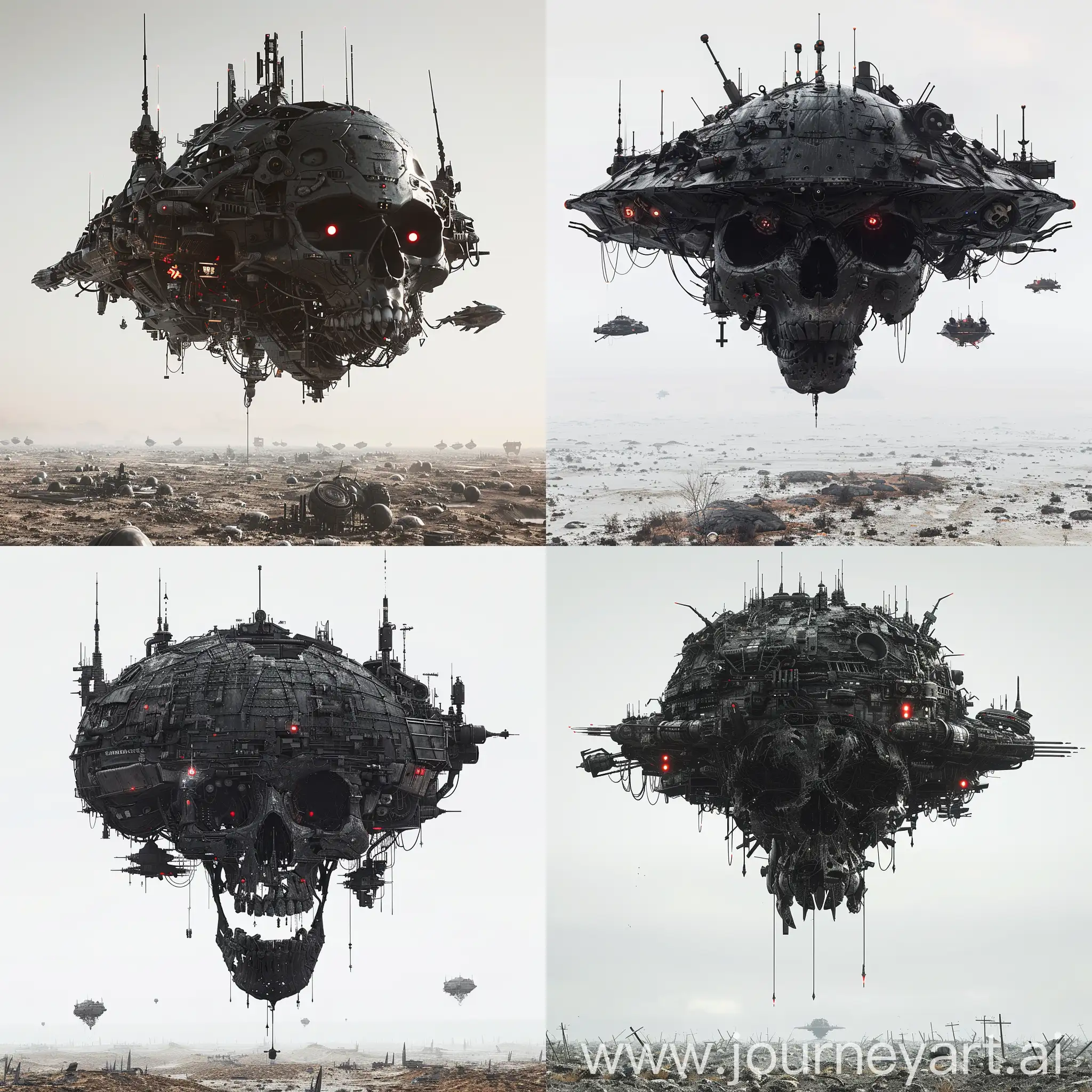 a massive ominous black techno flying fortress shaped like a skull hovering above the postapocalyptic landscape, massive skull shaped black metal spaceship fortress, made from other ships and scraps, black metal with small red lights and antenna, photographic, clean white background --s 50 --v 6.0