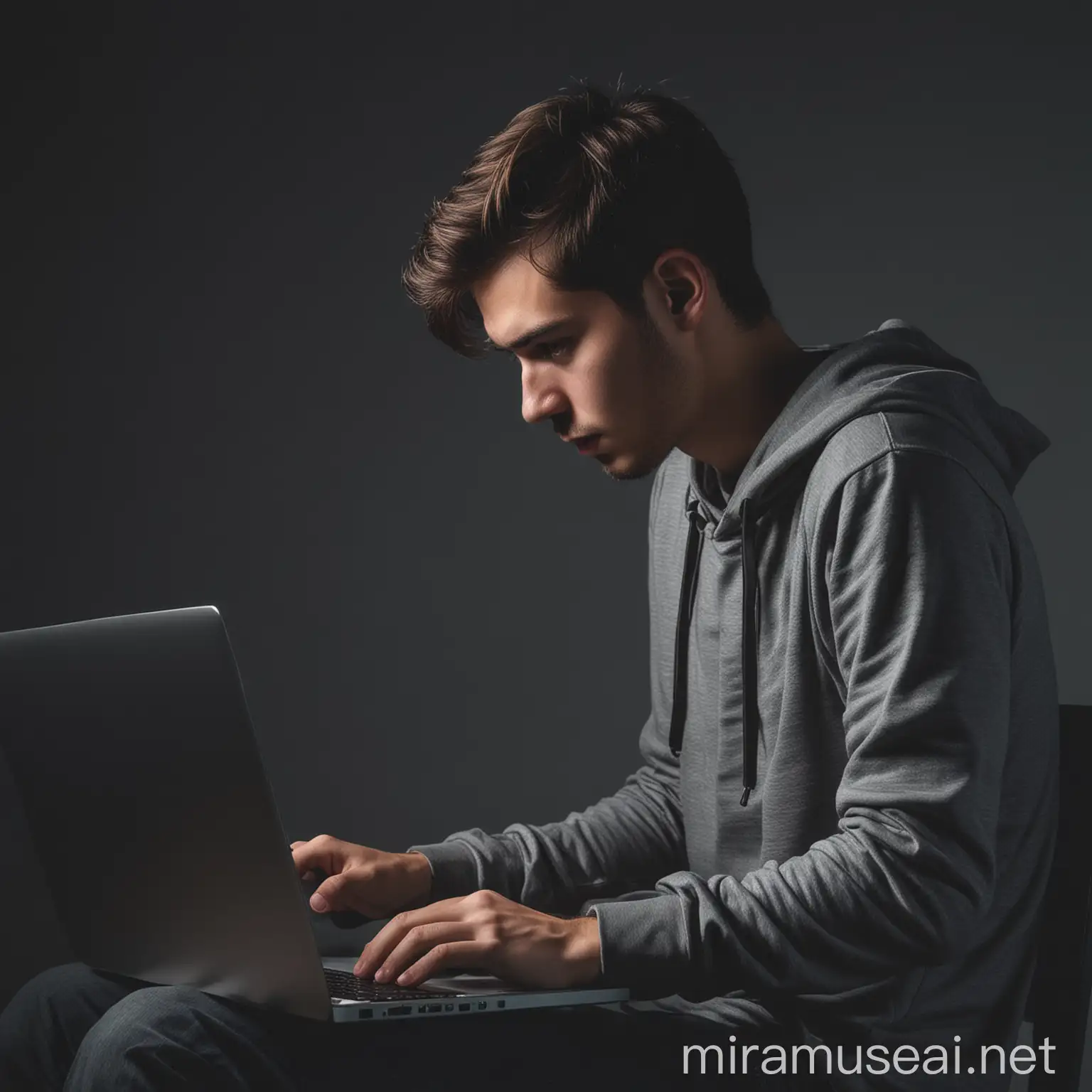 a young software developer sitting in front of a laptop in a dark room, show me the backside view 