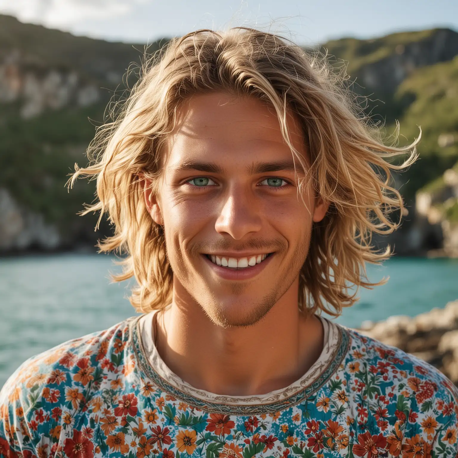 swiss 26 year old men with wide face with blue green eyes, half long blond hair, brown skin of the sun, with a nice hippy shirt on happy on a island