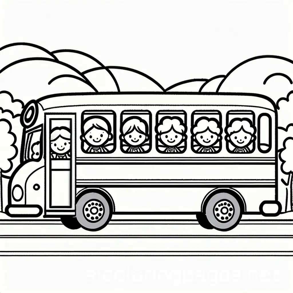 kids on the bus, Coloring Page, black and white, line art, white background, Simplicity, Ample White Space. The background of the coloring page is plain white to make it easy for young children to color within the lines. The outlines of all the subjects are easy to distinguish, making it simple for kids to color without too much difficulty