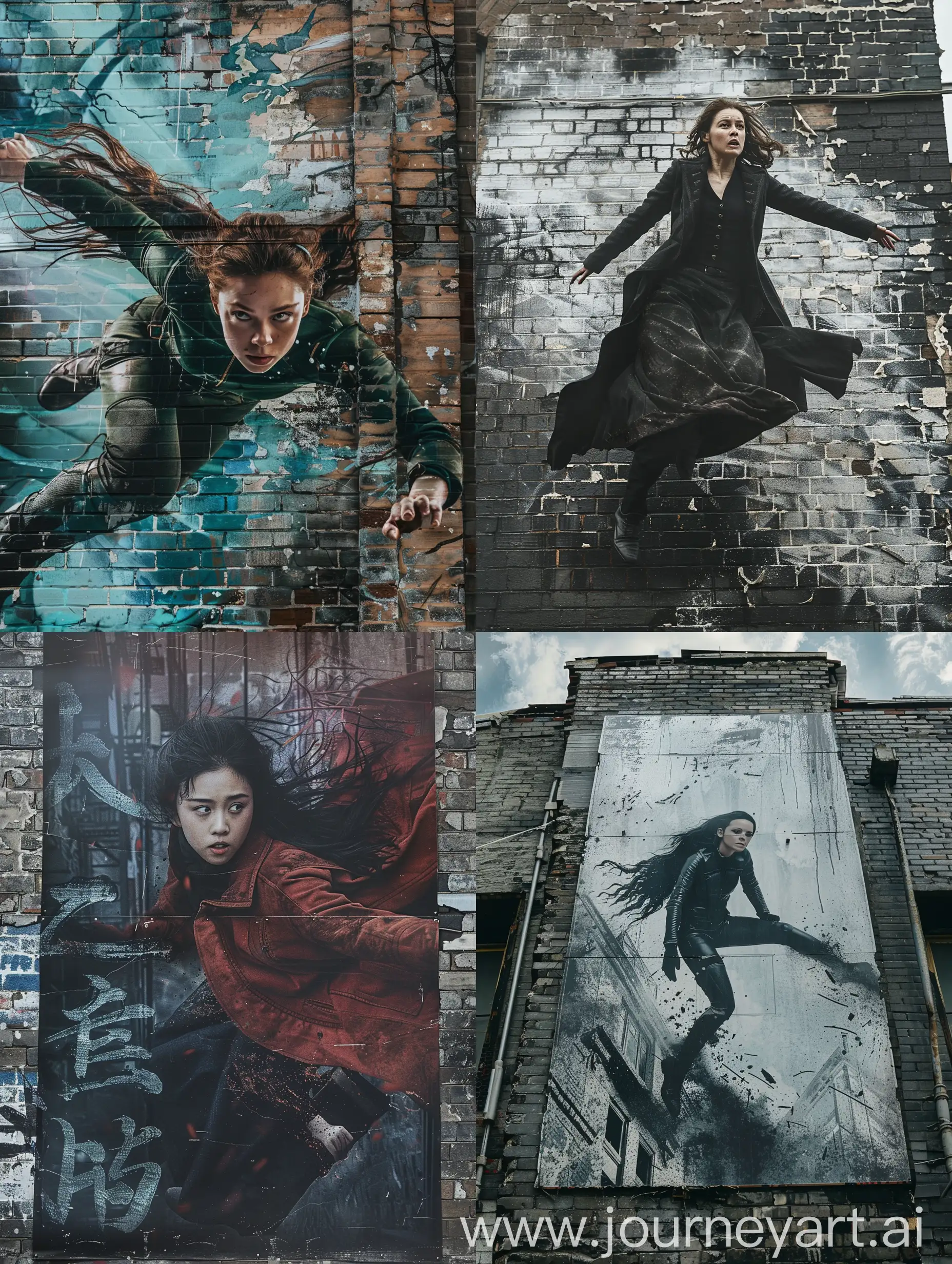 Female-Film-Heroine-Climbing-out-of-Poster-on-Brick-Wall