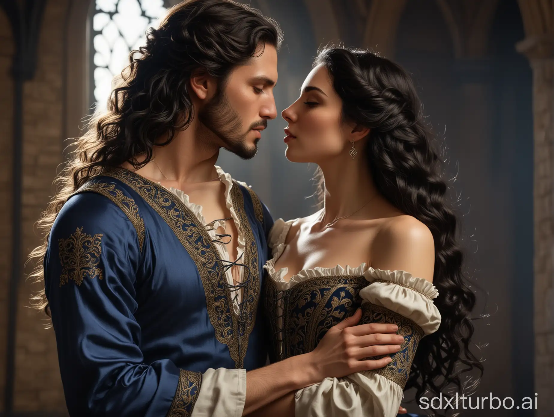 Medieval-Romance-Elegantly-Clad-Maiden-Extends-Hand-for-a-Kiss-to-Wealthy-Gentleman