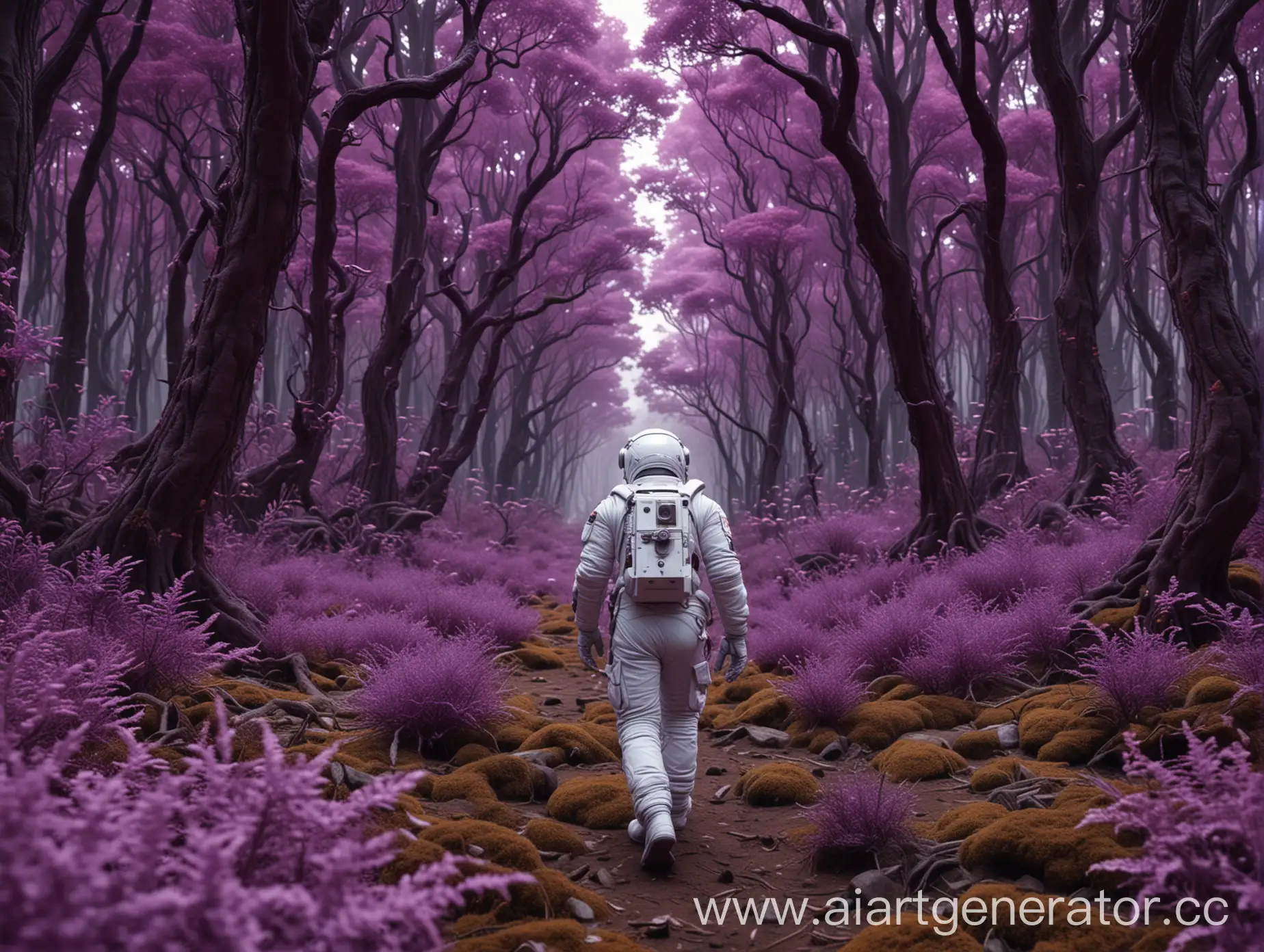 a white astronaut in the foreground, walking through purple plants, strange trees, a beautiful, fascinating forest, an unknown planet, strange creatures, unknown purple animals, film, 4k, photorealism