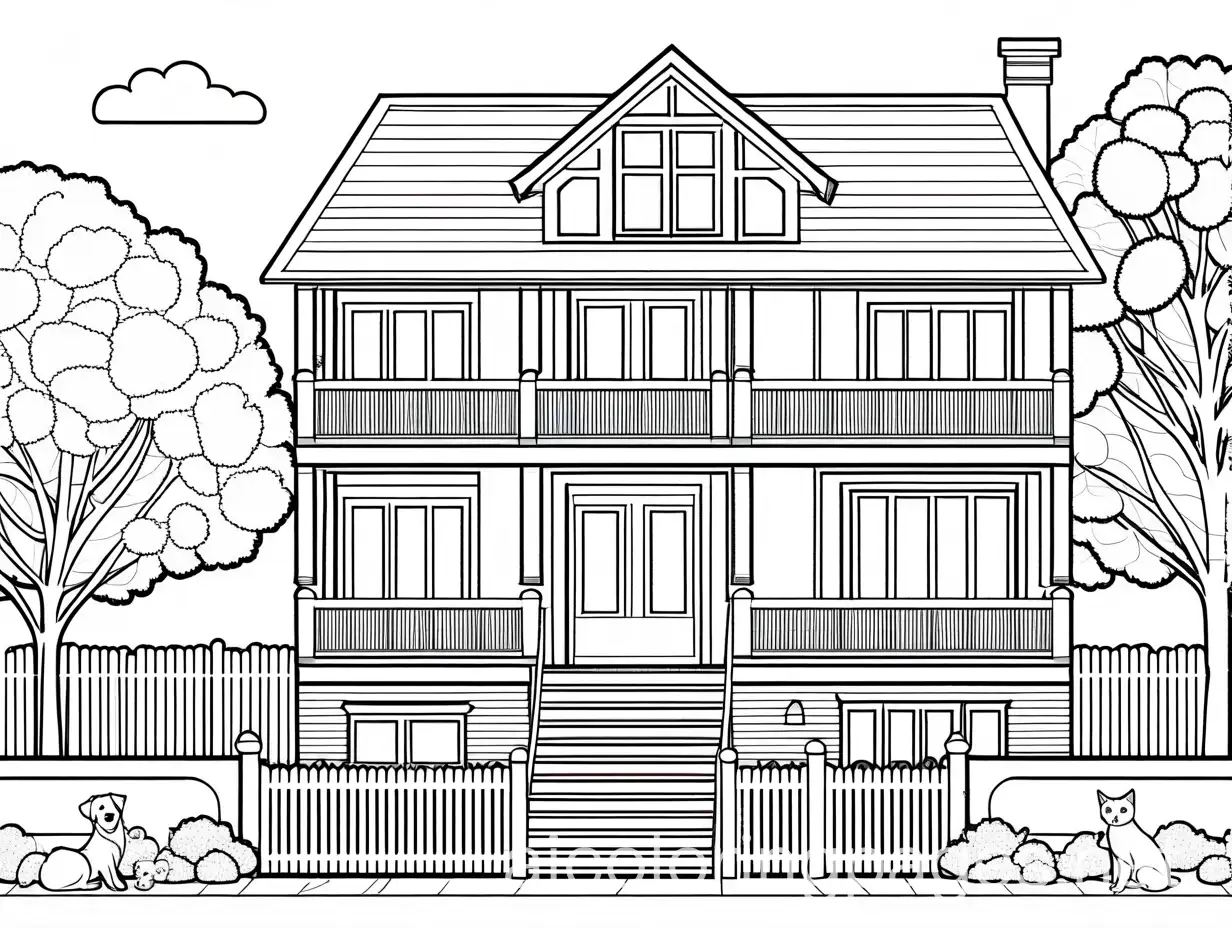 nice house with a balcony upstairs and a big yard with dogs, cats, chicken playing , Coloring Page, black and white, line art, white background, Simplicity, Ample White Space. The background of the coloring page is plain white to make it easy for young children to color within the lines. The outlines of all the subjects are easy to distinguish, making it simple for kids to color without too much difficulty