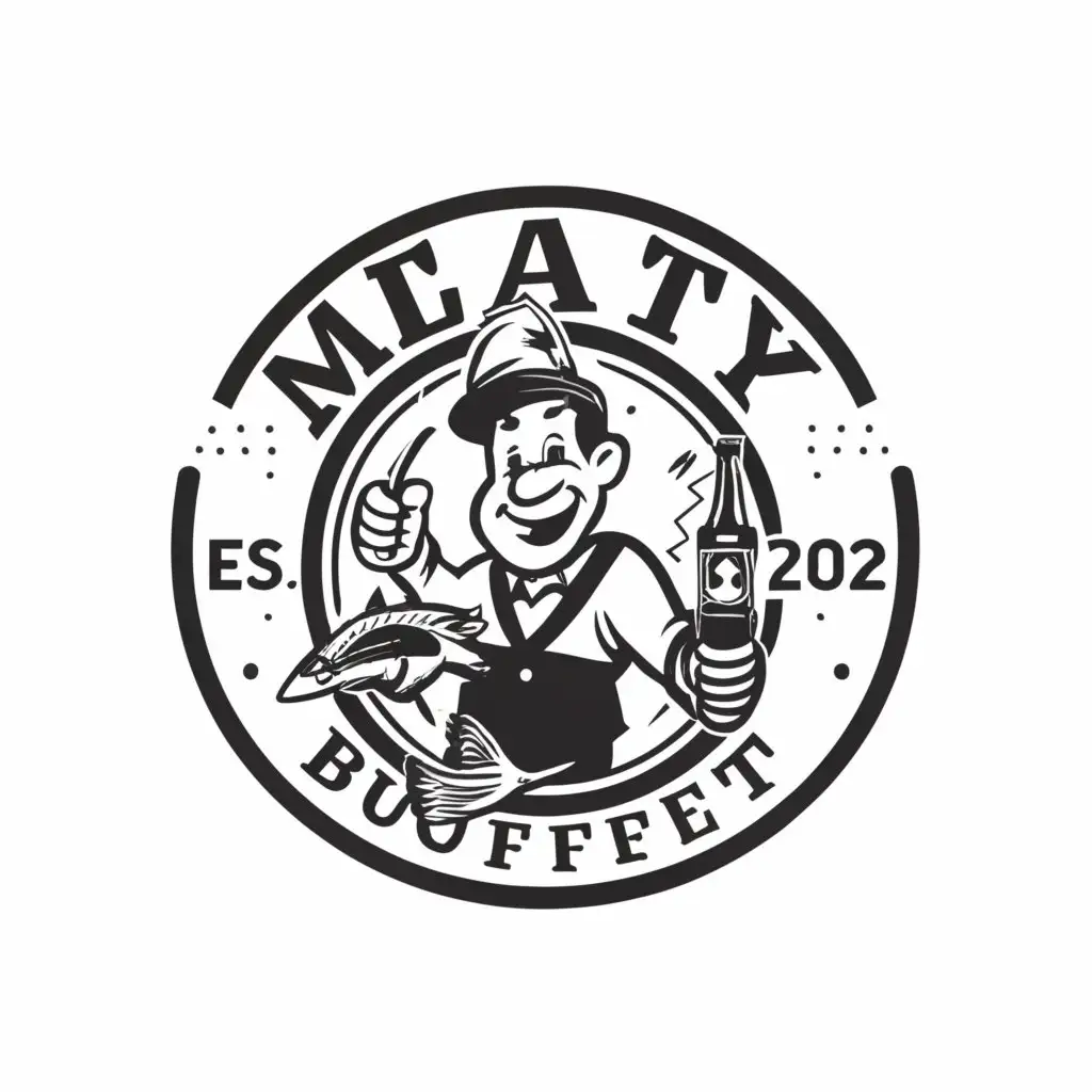 a logo design,with the text "Meaty buffet", main symbol:fisherman catches a bottle of beer and fish - balck and white,Moderate,be used in Others industry,clear background