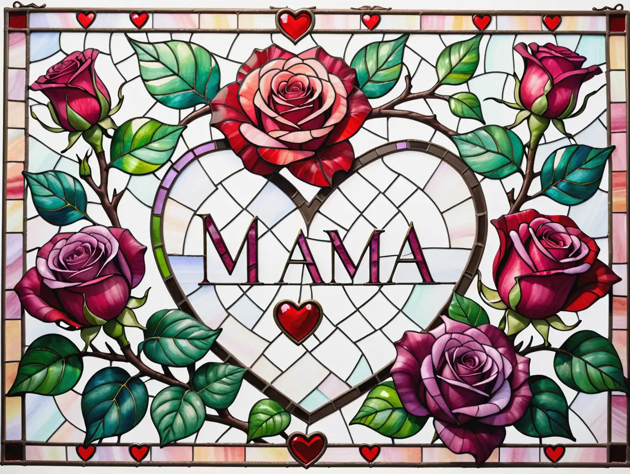image of a mosaic stained glass showing roses, ivy and hearts and the word 'Mama' in an elegant frame, watercolor drawing on a blank background