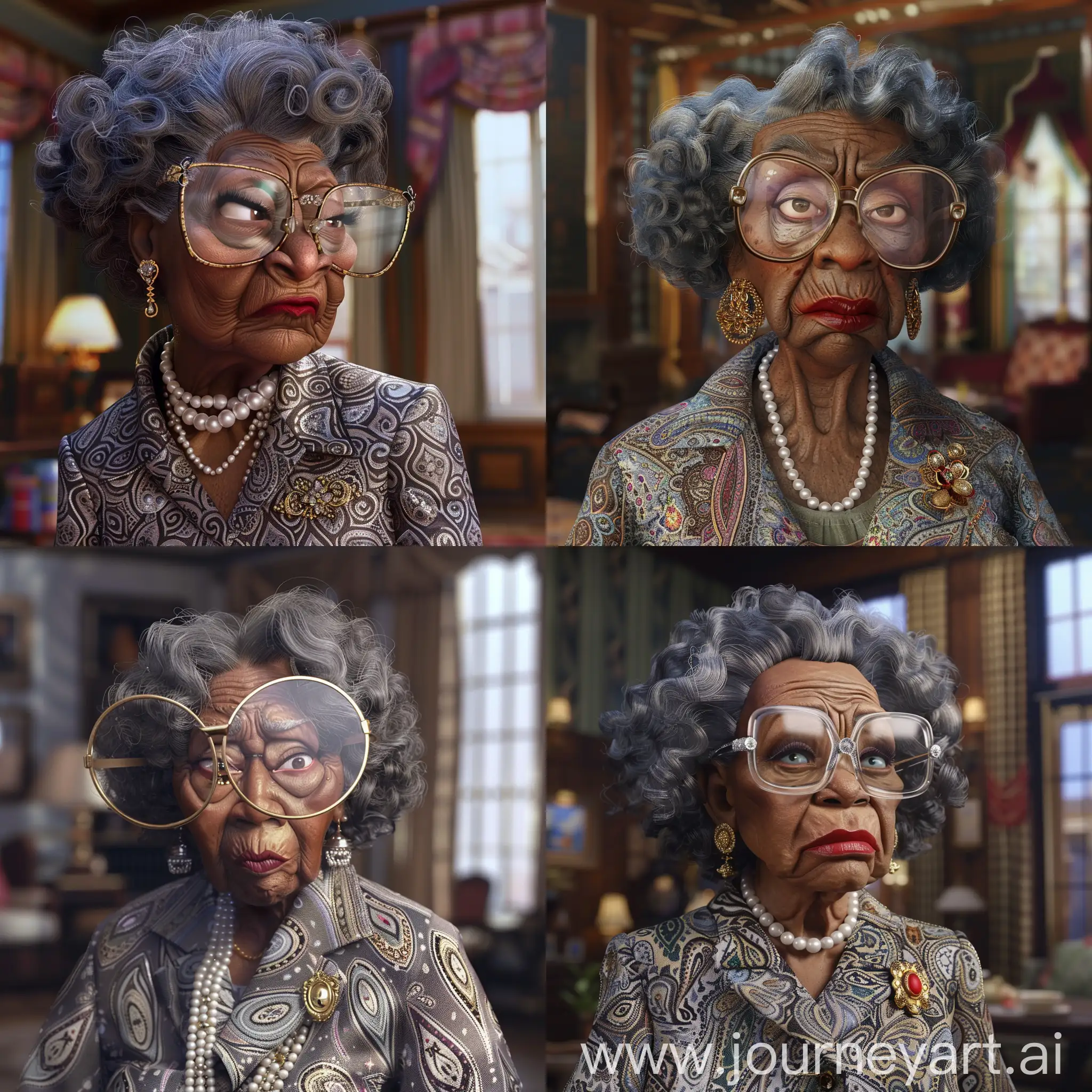 

An elderly woman, dark skin, gray curly hair, wearing large glasses with a transparent frame, serious expression, dressed in an elegant paisley-patterned coat, pearl necklace, gold brooch on the lapel, light makeup with red lipstick, in an indoor setting, , character Madea portrayed by Tyler Perry. Disney pixar cartoon style