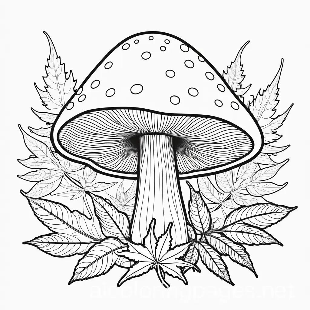 A mushroom surrounded by cannabis leaves, Coloring Page, black and white, line art, white background, Simplicity, Ample White Space. The background of the coloring page is plain white to make it easy for young children to color within the lines. The outlines of all the subjects are easy to distinguish, making it simple for kids to color without too much difficulty