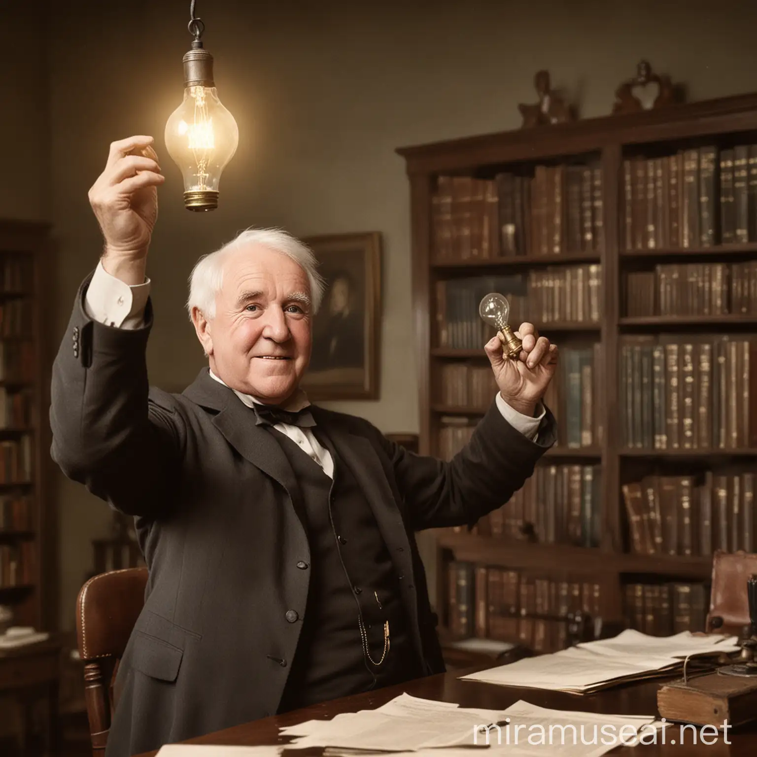 make an image of Thomas Edison happily holding up a lightbulb in his office