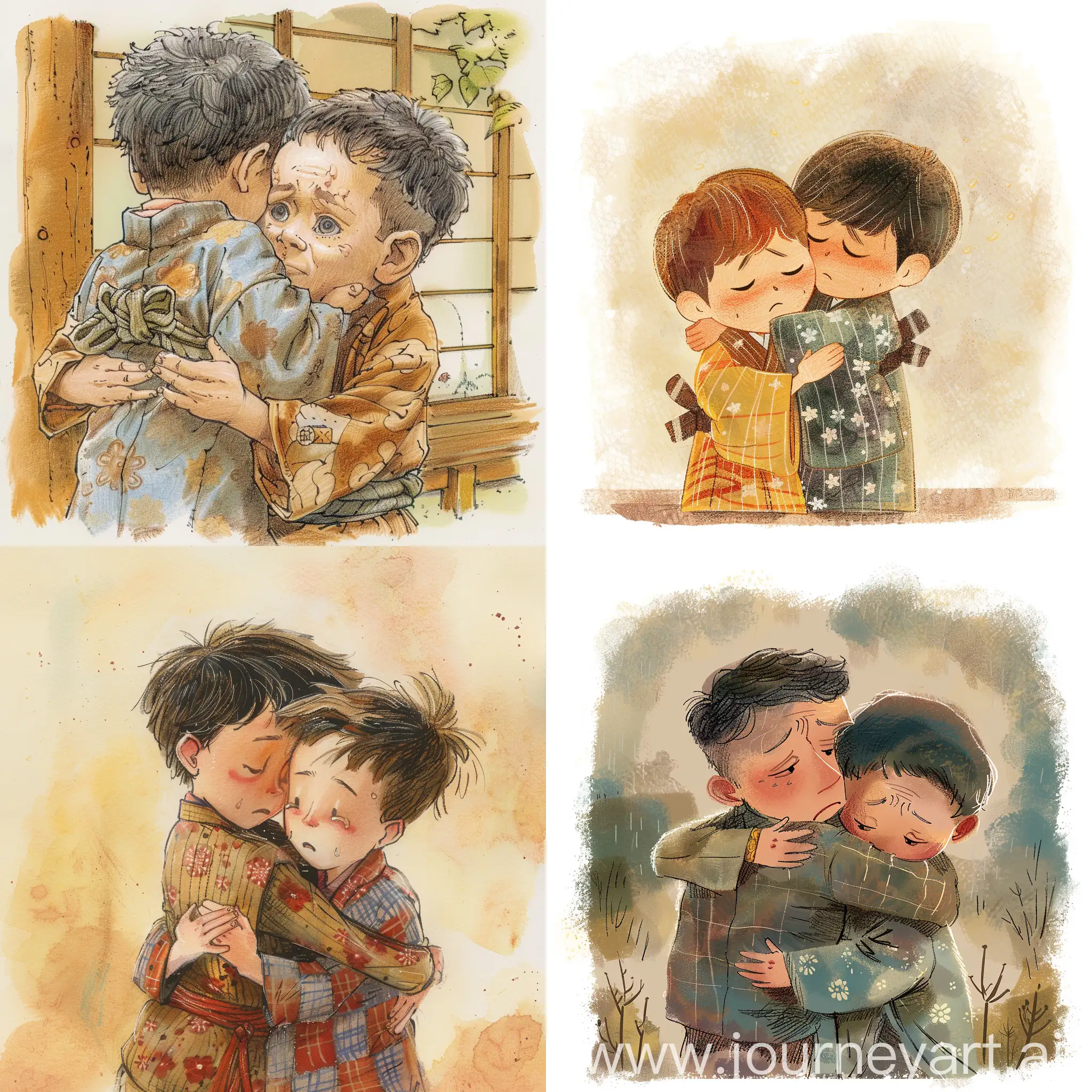 A two boys story book illustration of a dressed with a old kimono sorrowing and being hug  --v 6.0 --style raw