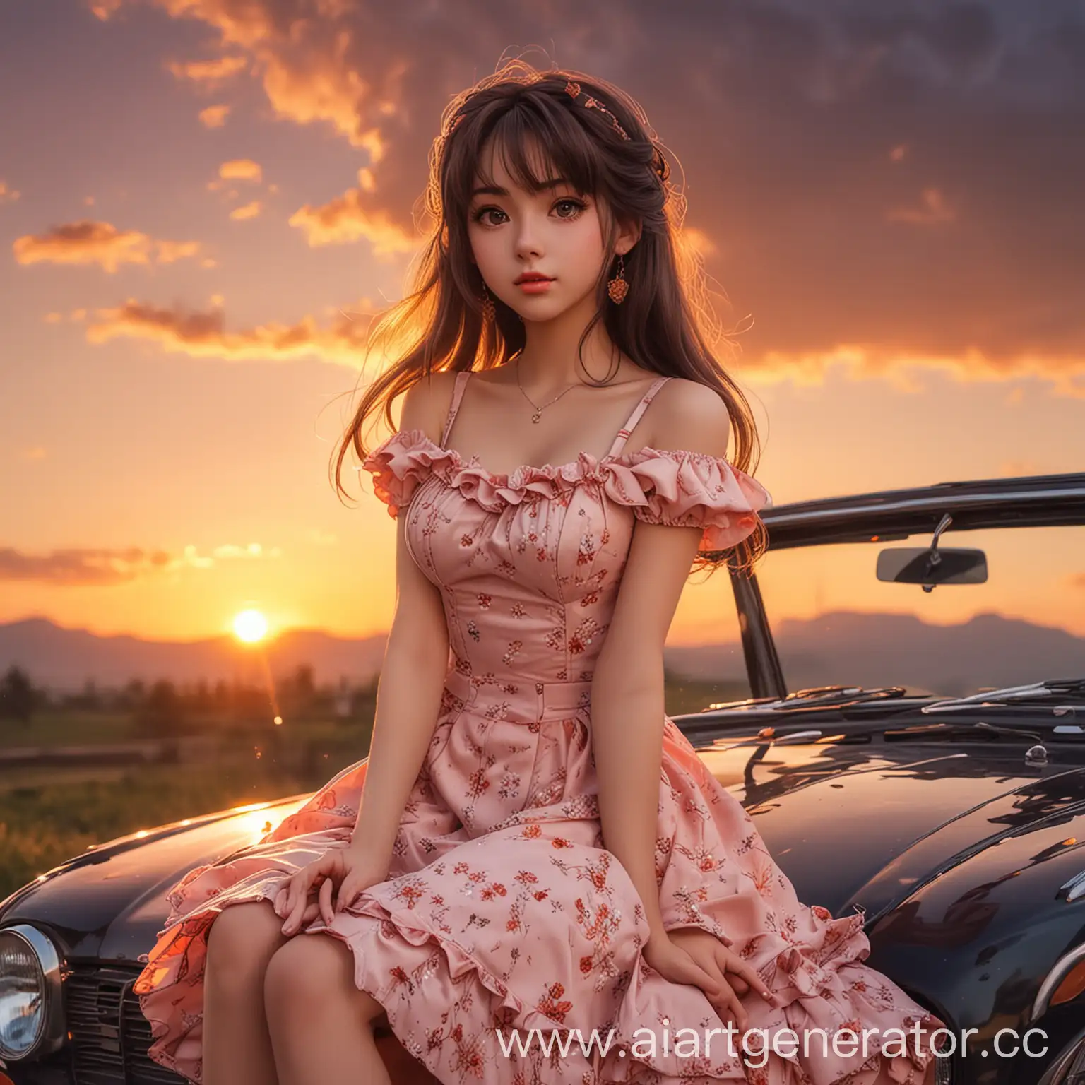красивая девочка из аниме в платье сидит на капоте машины, у которой на фоне красивый закат, в стиле ретро