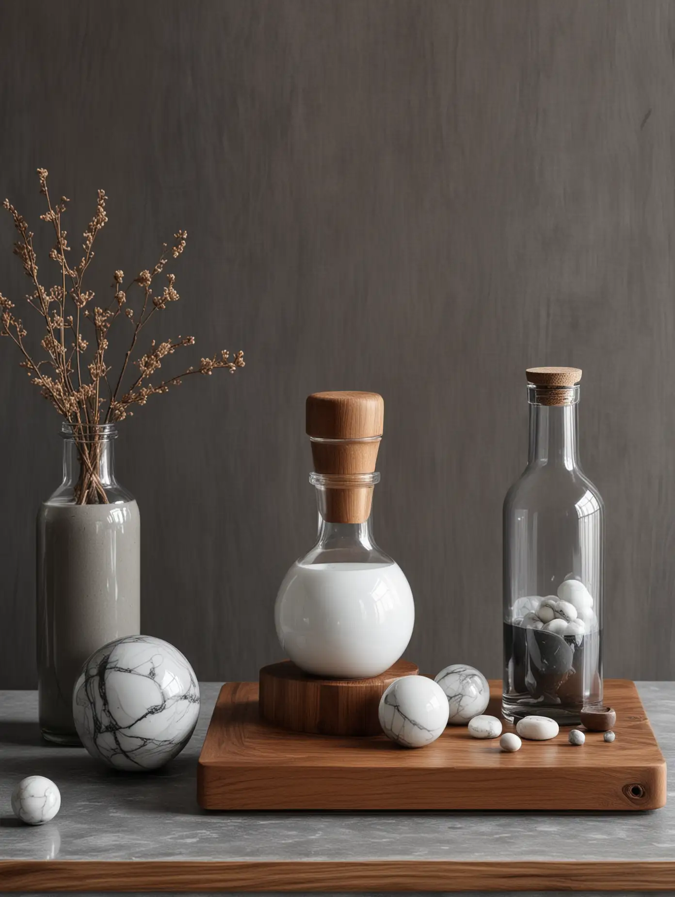 Material collage from interior design, with different materials from the kitchen area, brown solid wood surface, on it standing a glass bottle and a small marble ball in white, natural materials, dark gray and light gray