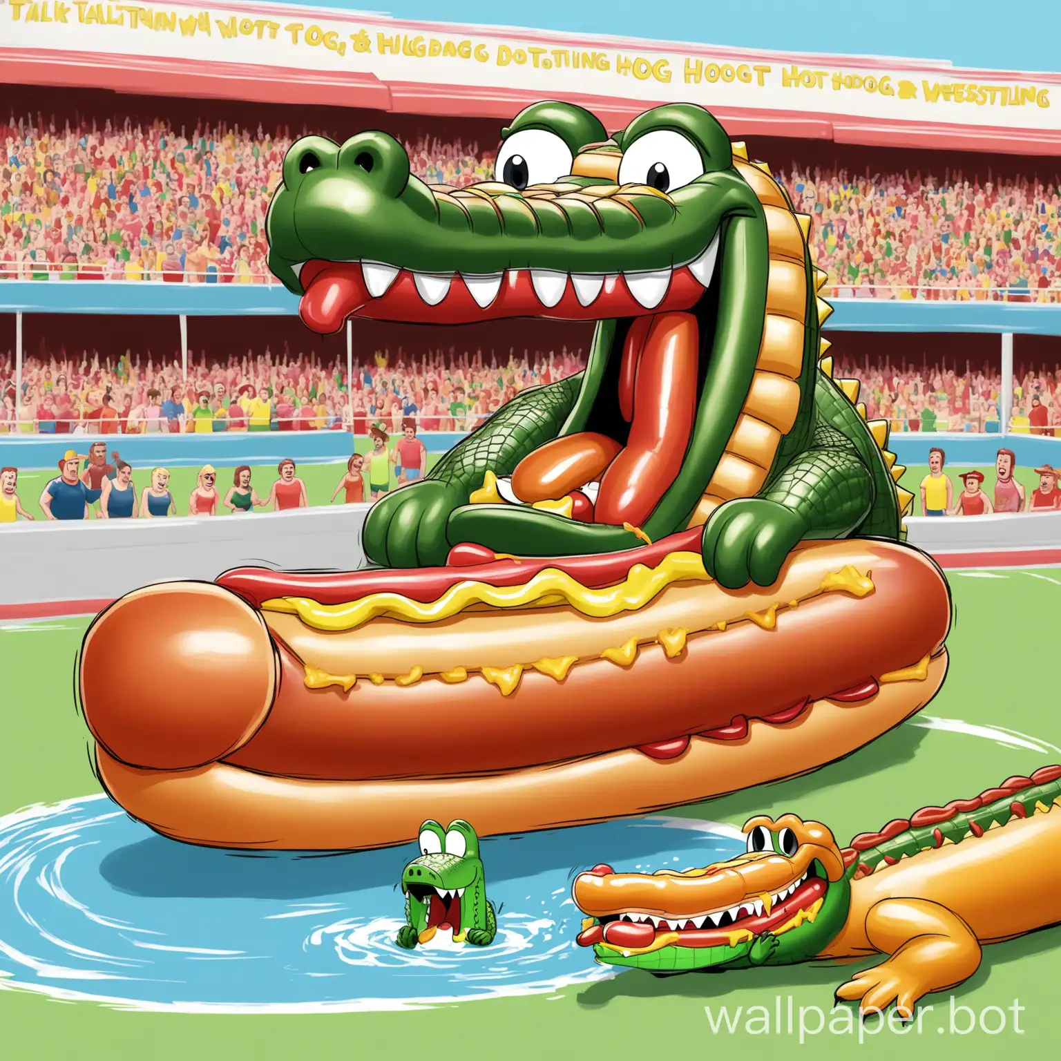 big talking hotdog wrestling an alligator