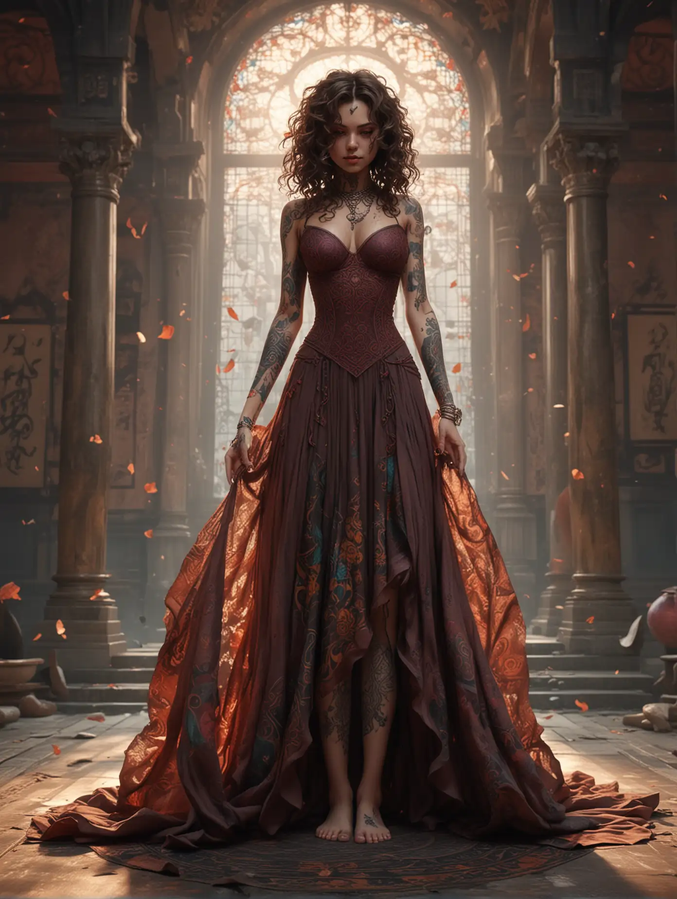 Whimsical, semi anime, create an image of a demonic sinister girl, curly brunette hair, adorned skin with tattoes, standing in yoga moves pose, intricately  pose, she was wearing torn long dress. Temple's hall background. Fantasy theme, colorful organic shape, hyper-detailed, ultra HD.