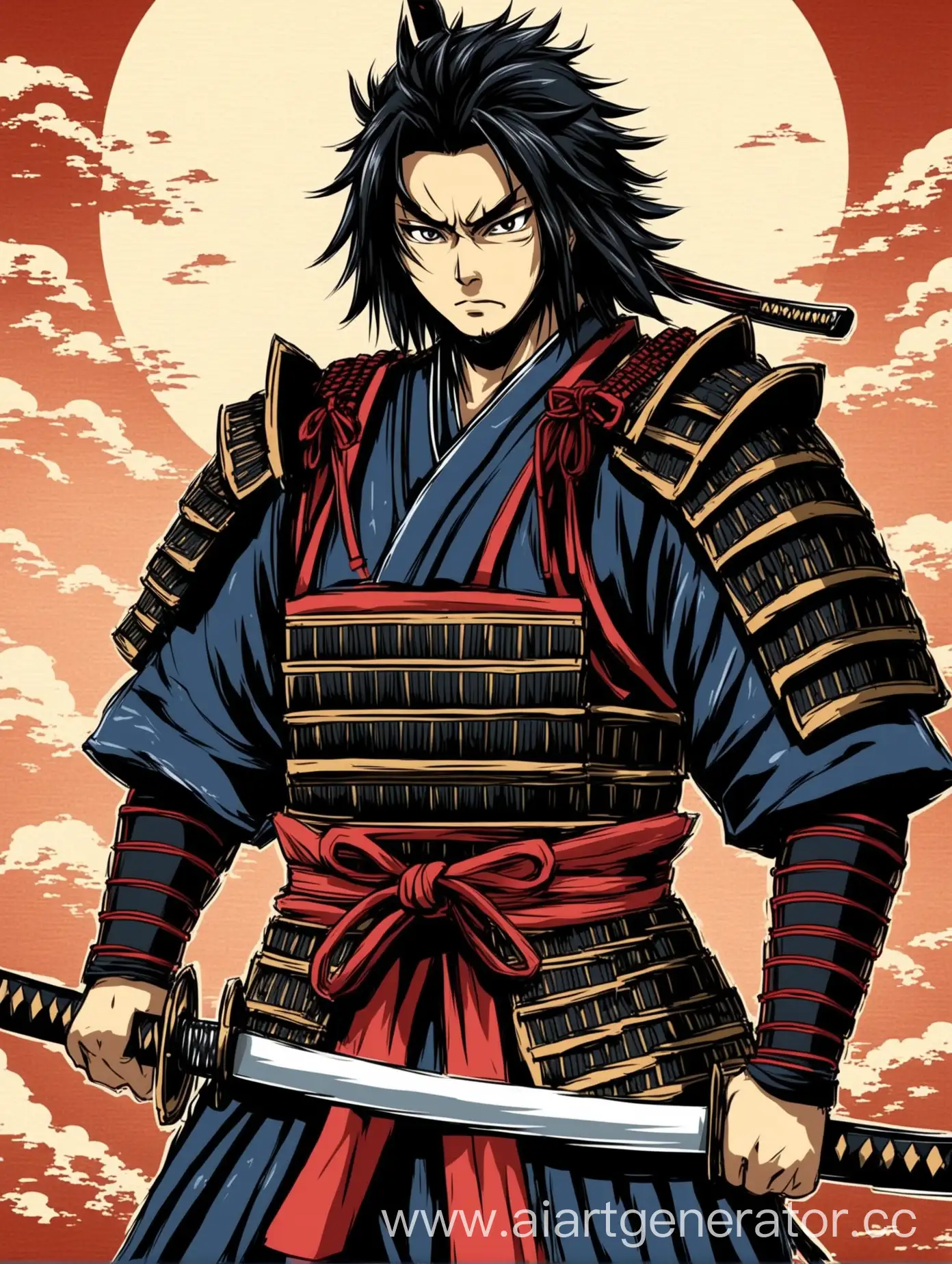 Главный герой в одежде самурая и с катаной аниме стиль