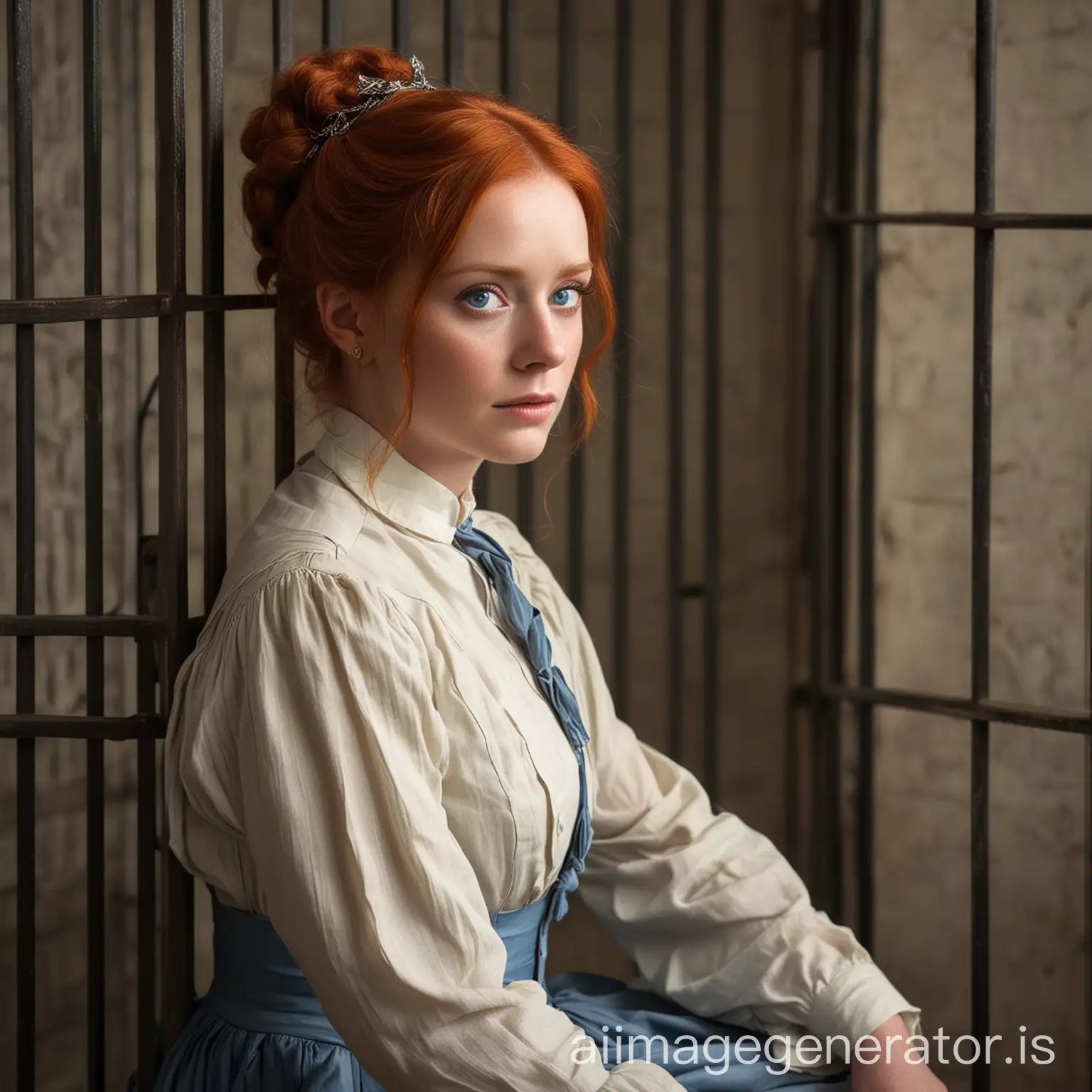 a beautiful young red haired blue eyed socialite turned suffragist is sitting in a jail cell. Across from her is a tal dark and handsome man with intense blue eyes. It is the mid 1800s.
