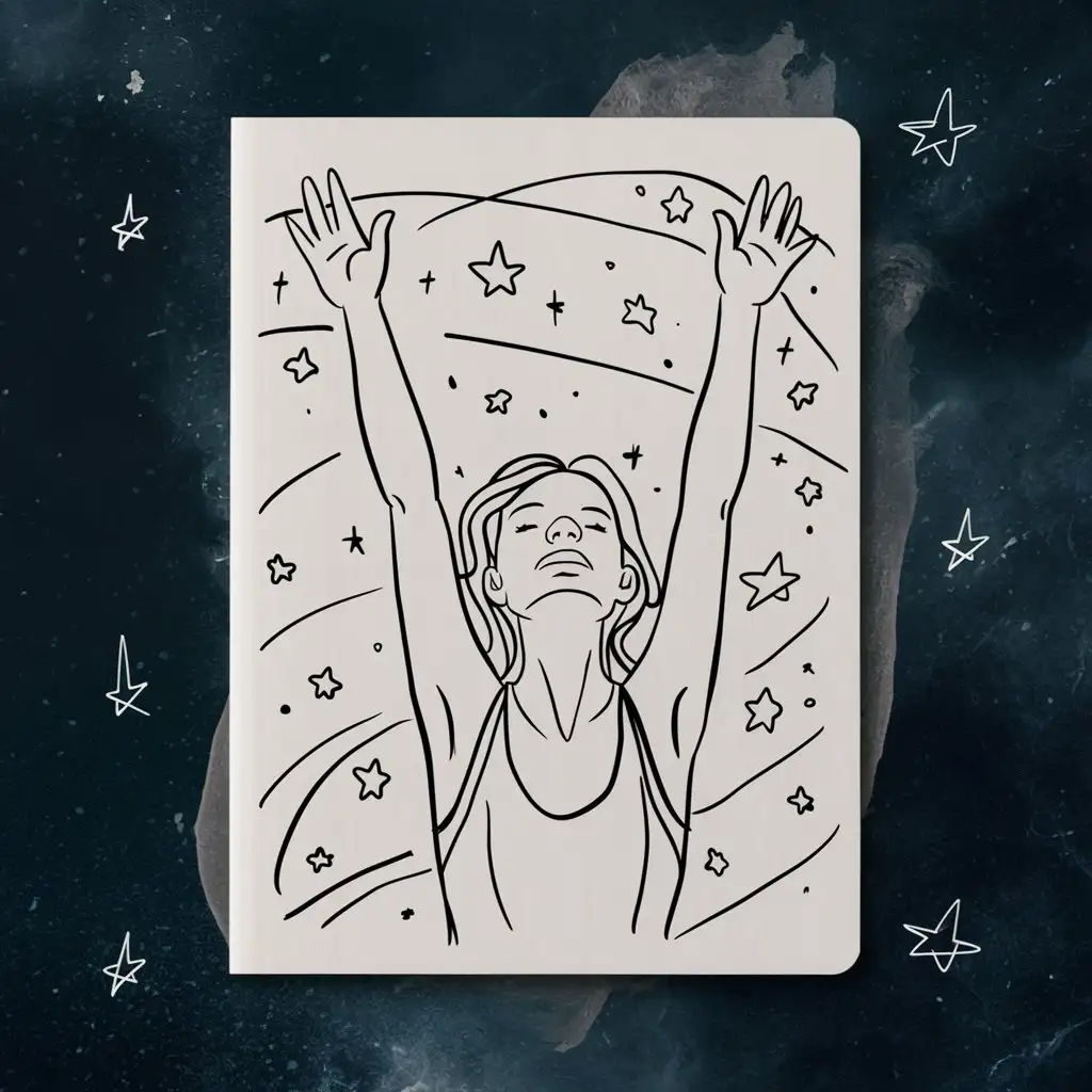 A minimalist line art illustration of a woman reaching for the stars, suitable for notebooks.