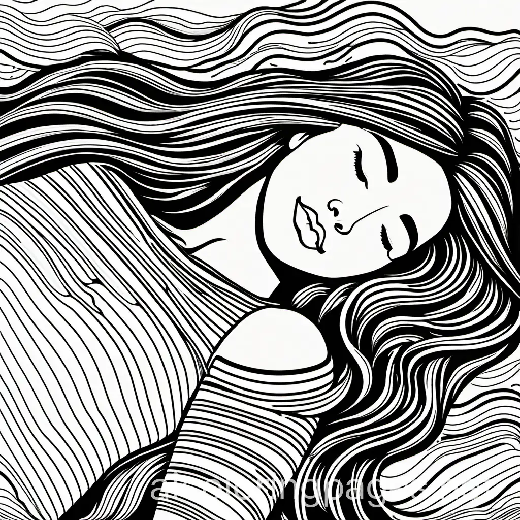 teen girl with long dark hair sleeping, Coloring Page, black and white, line art, white background, Simplicity, Ample White Space. The background of the coloring page is plain white to make it easy for young children to color within the lines. The outlines of all the subjects are easy to distinguish, making it simple for kids to color without too much difficulty