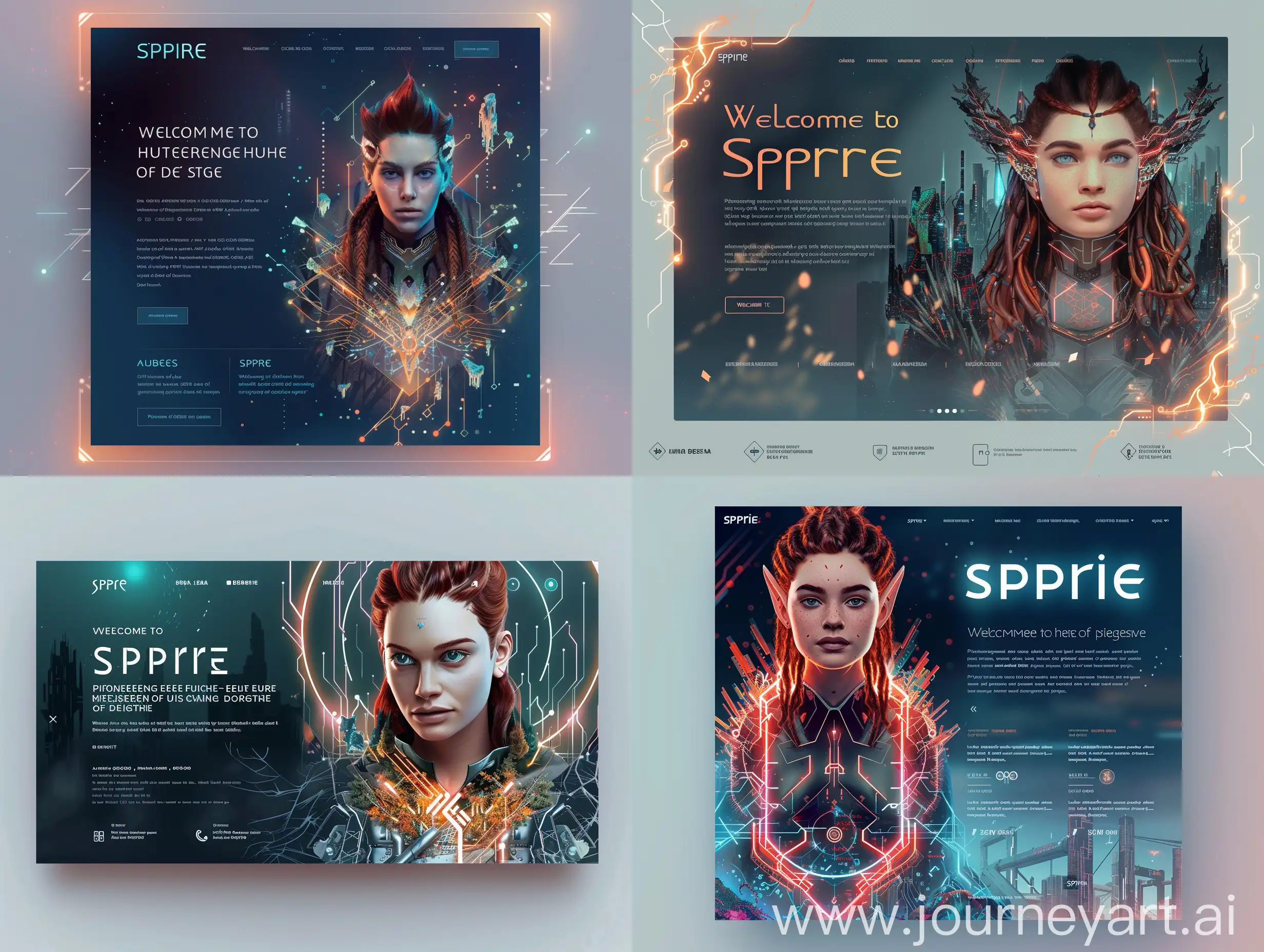 "Design the first sheet for the 'Spire' Behance project minimal 3D hyper realism and glossy style template, titled 'Welcome to Spire,' inspired by 'Horizon: Zero Dawn' and 'Ghost in the Shell.' The header should feature the project title 'Spire' in a bold, modern font like Futura or Roboto, 72px, with the tagline 'Pioneering the Future of Industrial Design' in a slightly smaller font like Helvetica Neue, 36px. Use a background gradient transitioning from (#eeeeee) at the top to metallic silver (#C0C0C0) at the bottom, with glowing neon accents in soft white (#F5F5F5).
Include an introduction paragraph that provides a brief overview of Spire’s mission and vision, written in a clean, readable font like Arial or Open Sans, 24px, deep blue (#1E3A8A). The main visual should prominently feature the character Aurora, centered and surrounded by glowing, nature-inspired circuits and technology motifs. Incorporate a futuristic cityscape or nature elements with cyberpunk enhancements to enhance the visual appeal. Ensure the background includes subtle, interactive elements like small animations and hover effects to engage users.
The footer should contain links to social media, contact information, and additional resources. Maintain a consistent style throughout, ensuring the design is responsive and user-friendly, with a focus on usability and accessibility."3D hyper realistic  web design style