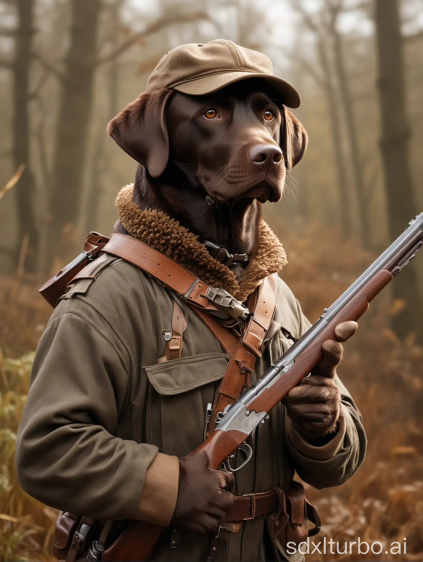 Chocolate-Labrador-Hunting-Dog-in-Classic-Hunting-Attire-with-Sawed-Off-Shotgun