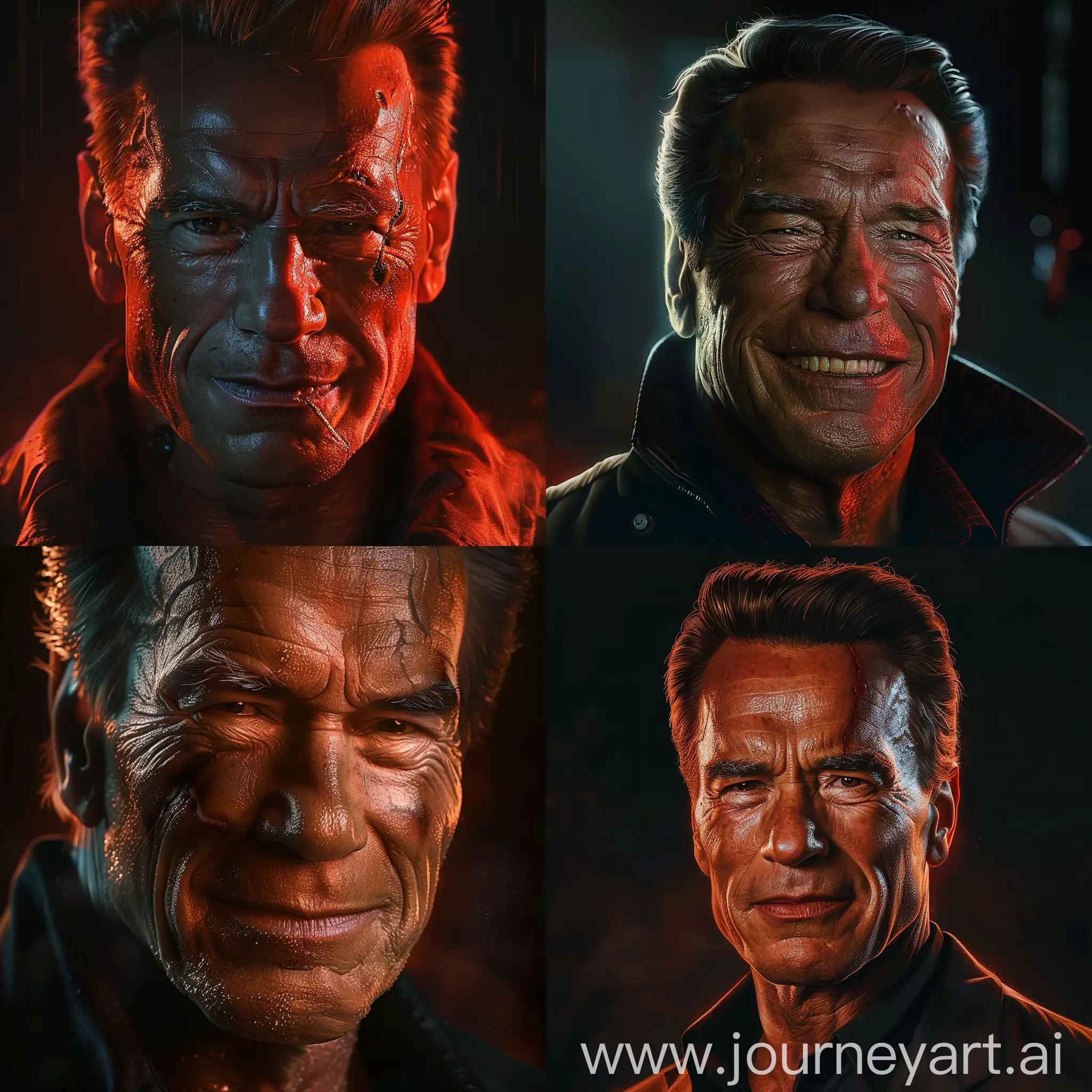 A detailed, realistic portrait of Arnold Schwarzenegger, turned slightly to the left. He has a villainous smile with a hint of devilishness in his eyes. The lighting is high contrast, with a reddish color tone creating a foreboding atmosphere. Wrinkles and skin texture are highly detailed to portray his age and experience. Include a subtle hint of a costume element from one of his iconic villainous roles. Focus on Arnold from the waist up. Background should be dark and out of focus. No text overlay.