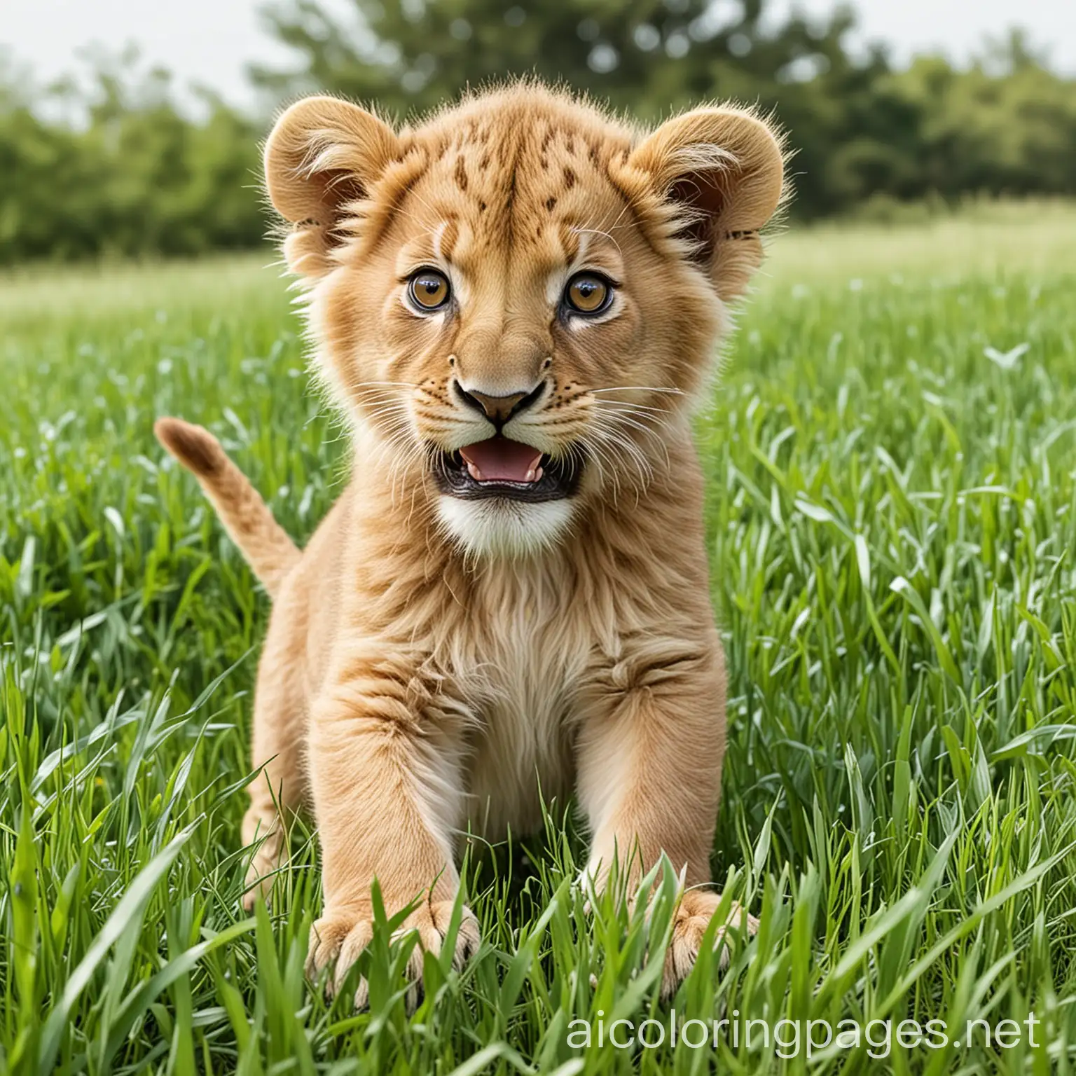 Baby-Lion-Playing-in-Green-Grass-Coloring-Page