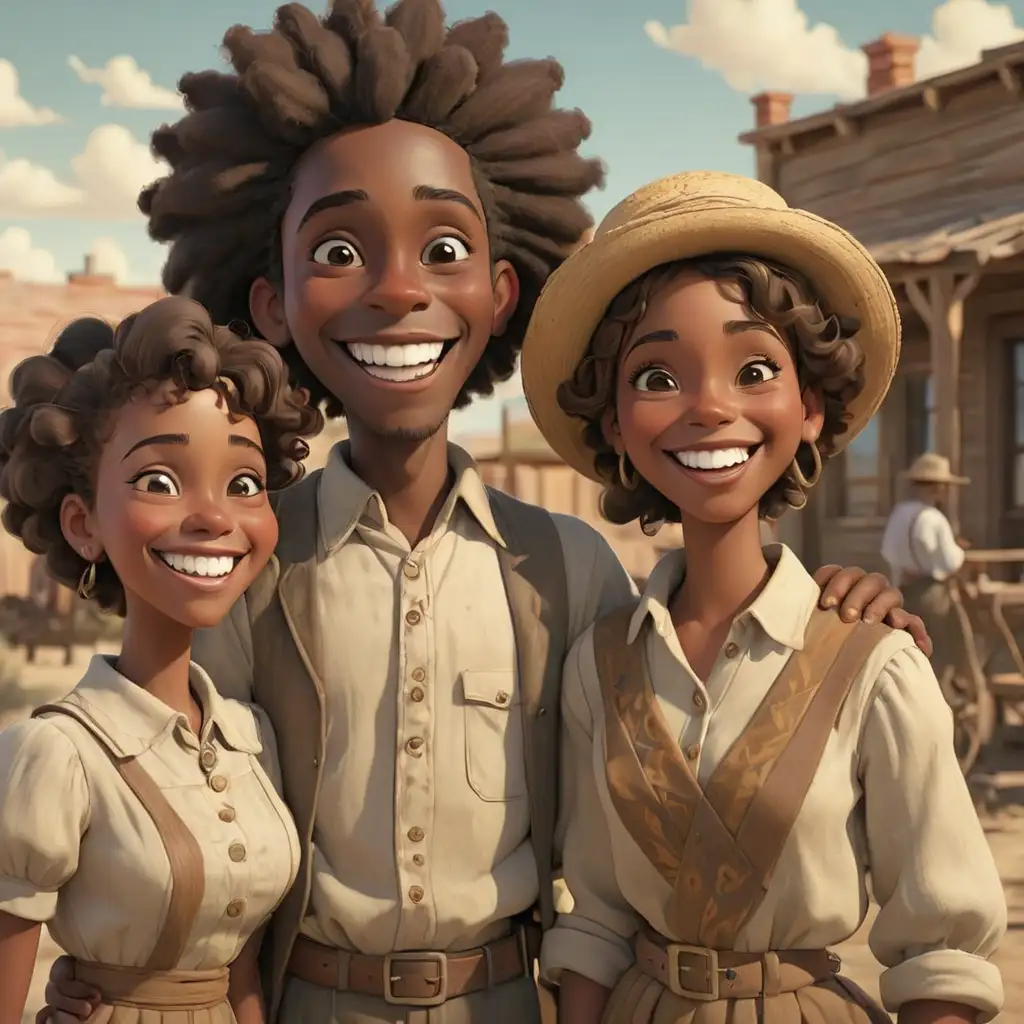 1900s detailed 3D cartoon-style african americans smiling in new mexico 