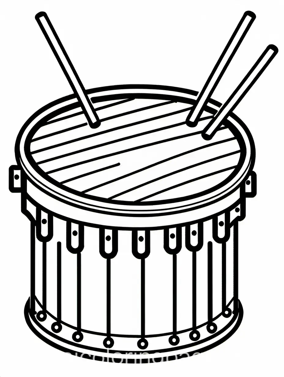 drum, Coloring Page, black and white, line art, white background, Simplicity, Ample White Space. The background of the coloring page is plain white to make it easy for young children to color within the lines. The outlines of all the subjects are easy to distinguish, making it simple for kids to color without too much difficulty