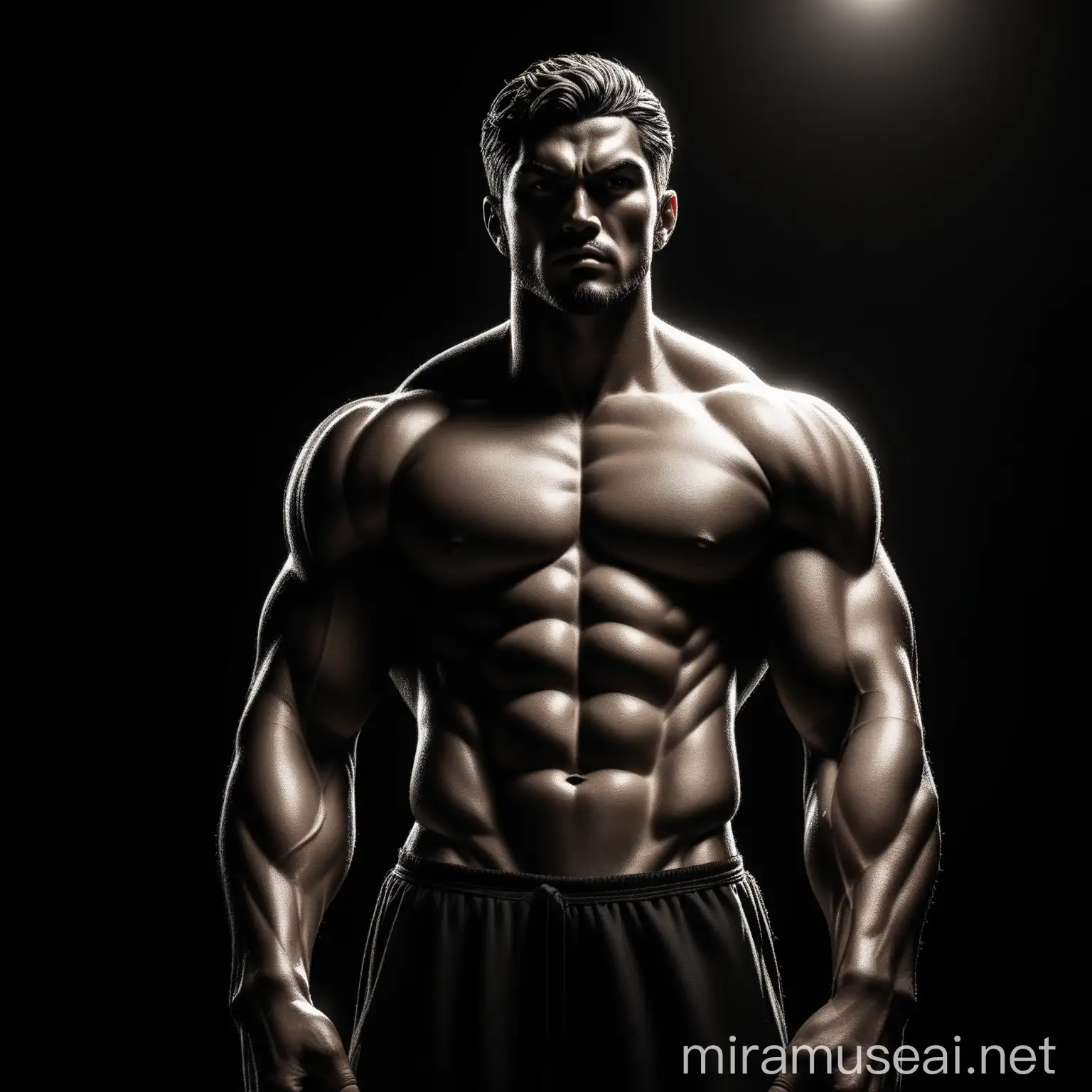 a detailed photograph of a serious looking stoic statue looking directly at the camera, standing straight, hands relaxed, full body view, square jaws, masculine face, buff looking, realistic skin texture, black background, sharp focus, front view, waist up shot, high contrast, strong back lighting, action film dark color lut, cinematic luts