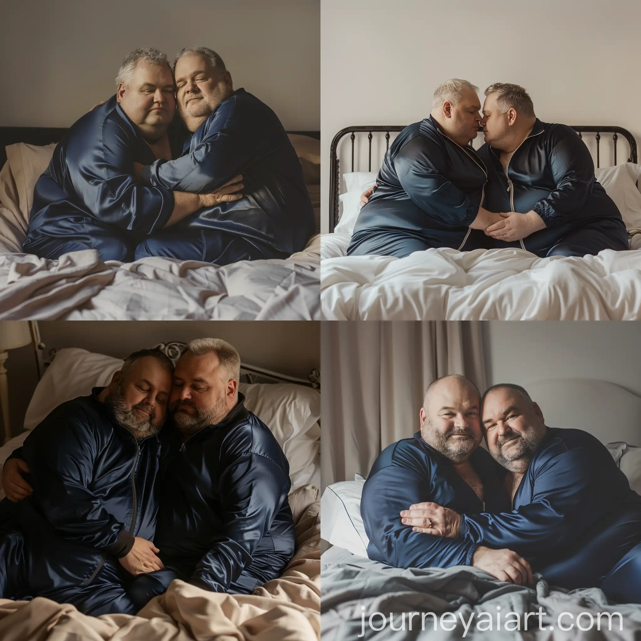 Affectionate-MiddleAged-Men-Embracing-in-Silk-Navy-Tracksuits-on-Bed
