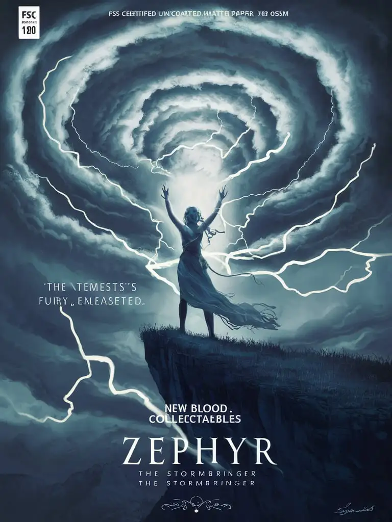  "Design a detailed 8k comic book cover for "New Blood Collectables" Zephyr, the Stormbringer" FSC-certified uncoated matte paper, 80 lb (120 gsm), with a slightly textured surface. Cover art: A dramatic scene with Zephyr standing on a cliff, summoning a stormy vortex.Tagline: "The tempest's fury, unleashed" - No translation required as the input is in English.